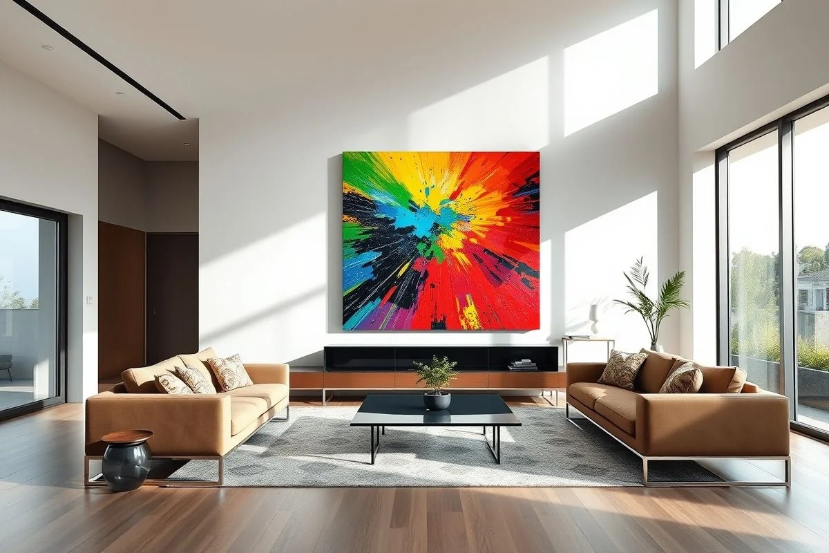 Sala moderna com quadro abstrato vibrante e móveis contemporâneos.