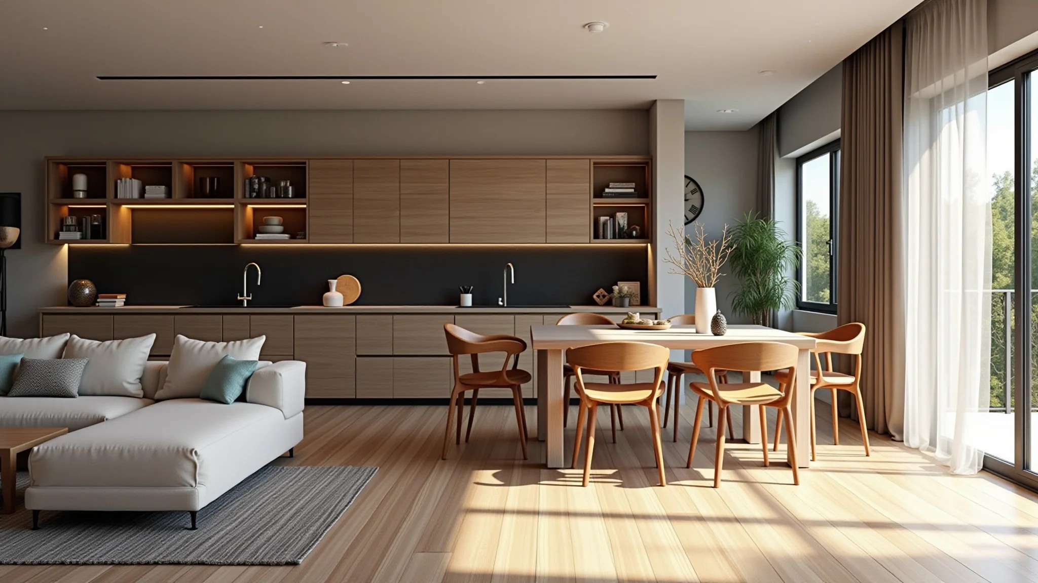 Sala e cozinha americana moderna com detalhes em madeira, prateleiras decorativas e luz natural.