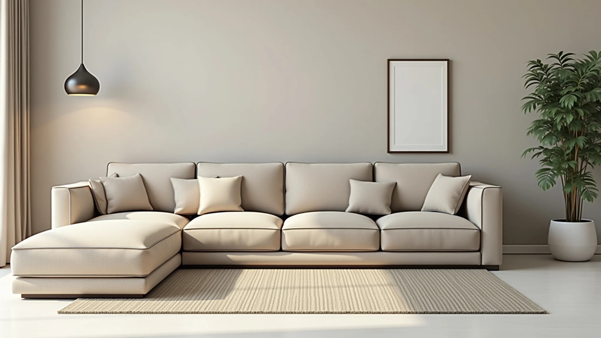 Sala moderna com sofá bege, design minimalista e cores neutras.