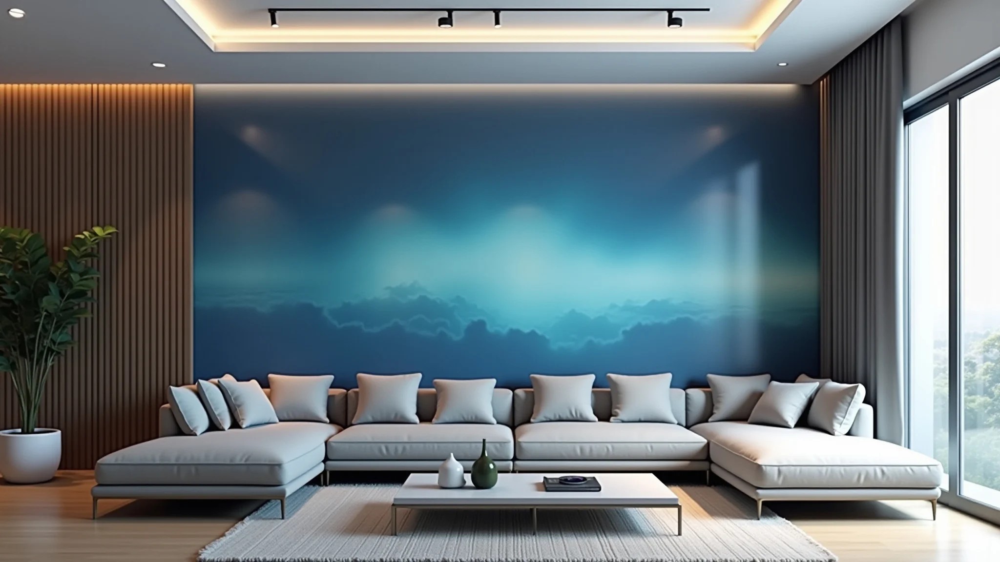 Sala de estar azul com parede degradê em tons de azul.
