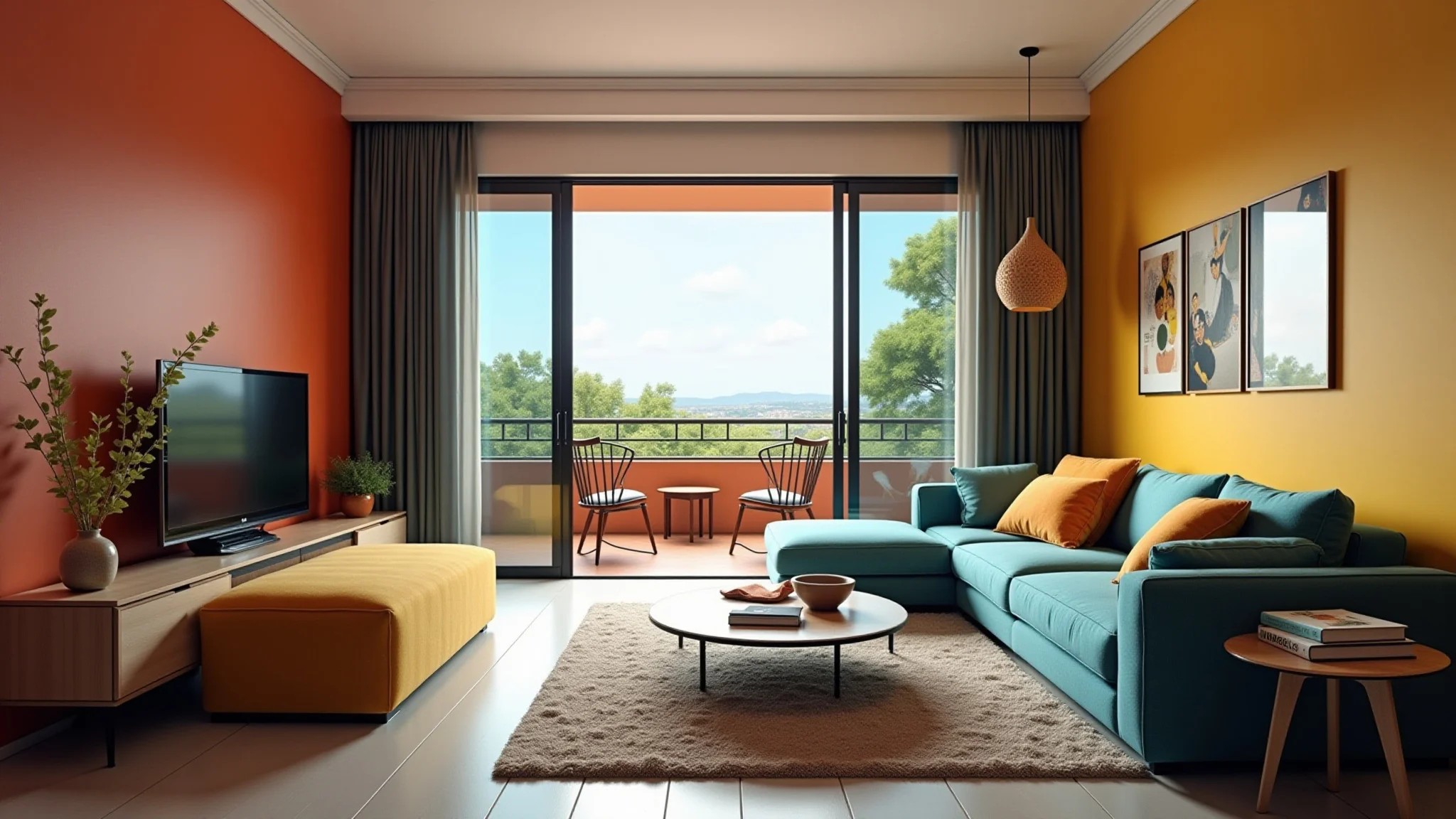 Sala de estar moderna integrada à varanda com cores vibrantes e design inovador.