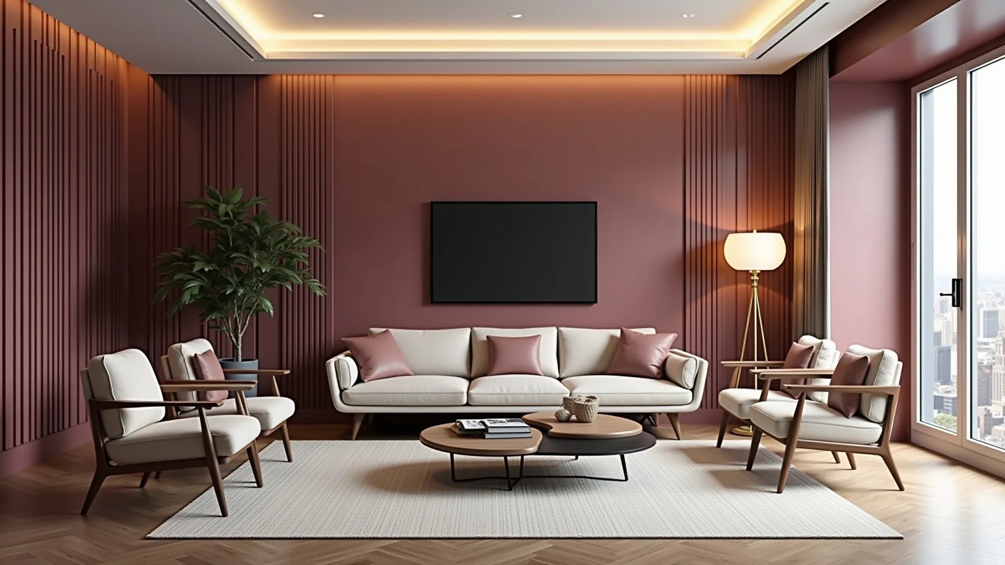 Sala de estar moderna com paredes rosa escuro e detalhes dourados.