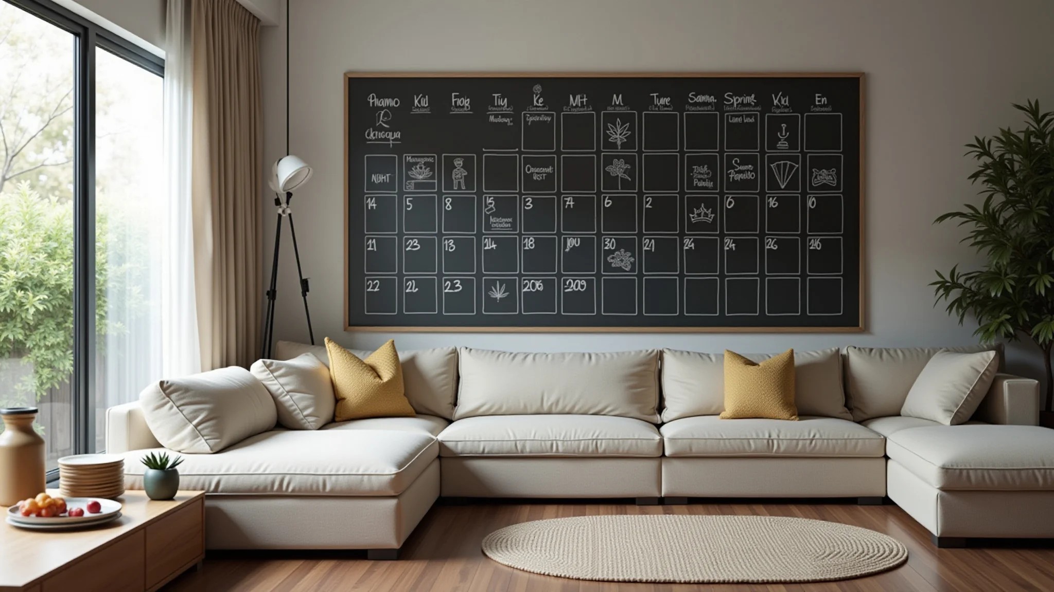 Sala moderna com parede lousa usada como calendário familiar.