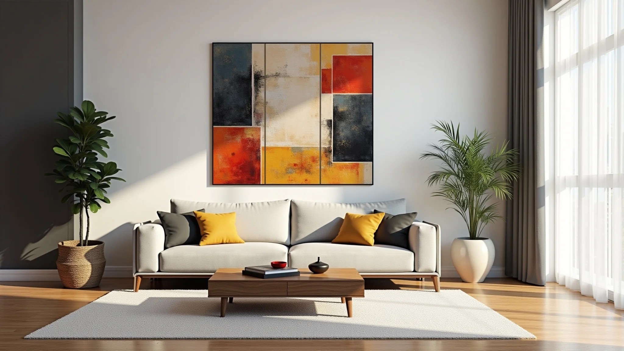 Sala moderna com tela abstrata geométrica e elementos de decoração brasileira.