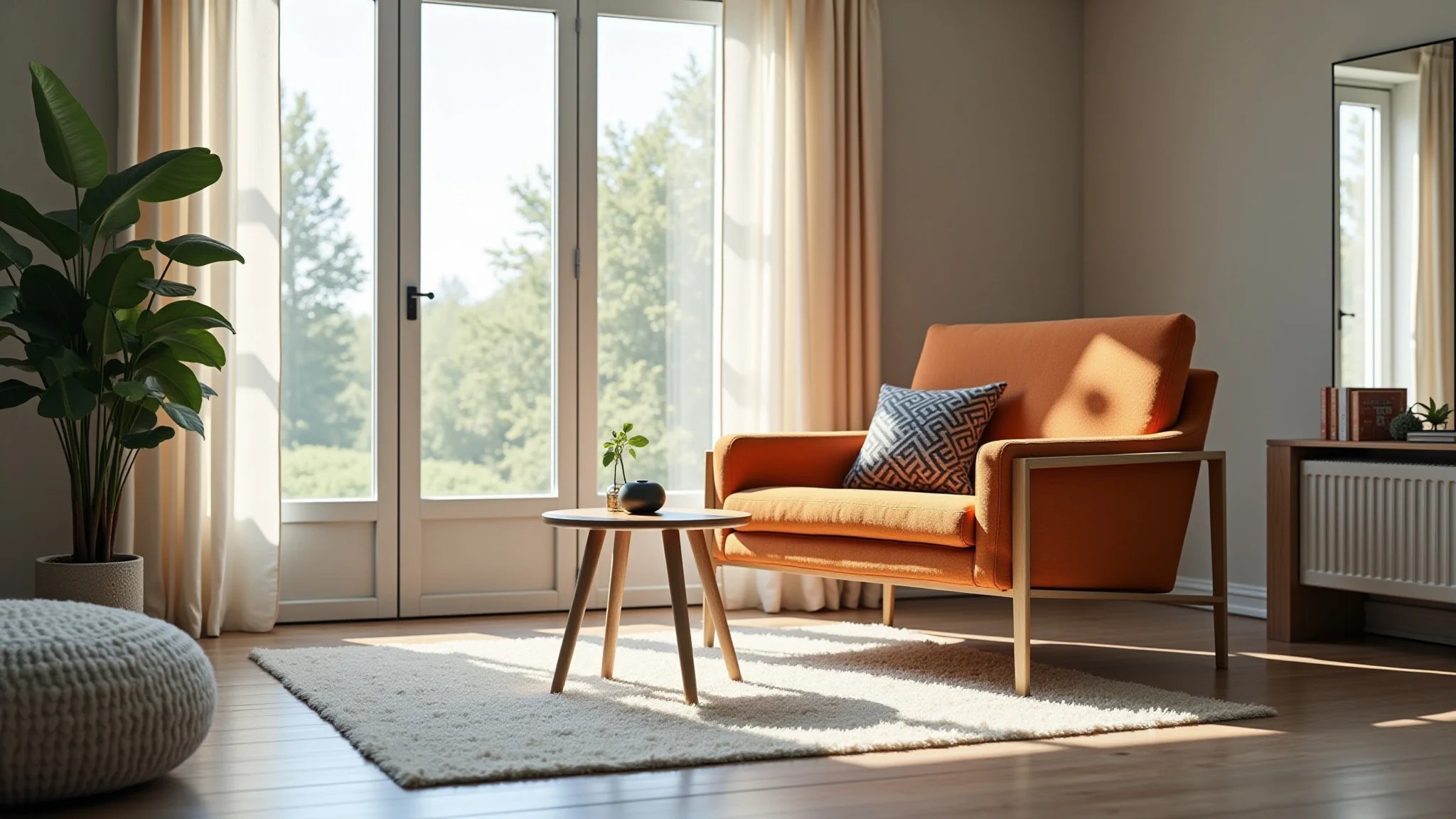 Sala moderna com poltrona minimalista de linhas limpas e cores vibrantes.