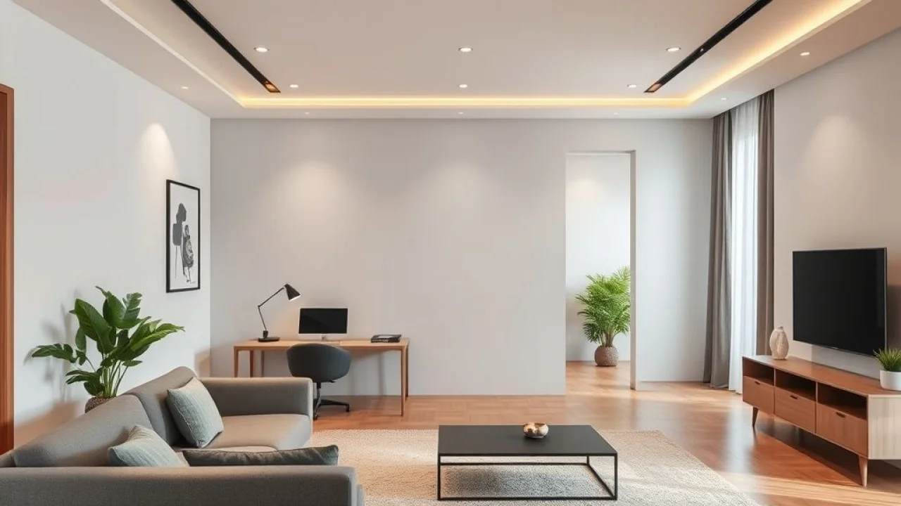 Parede de drywall dividindo sala, home office moderno, design minimalista.