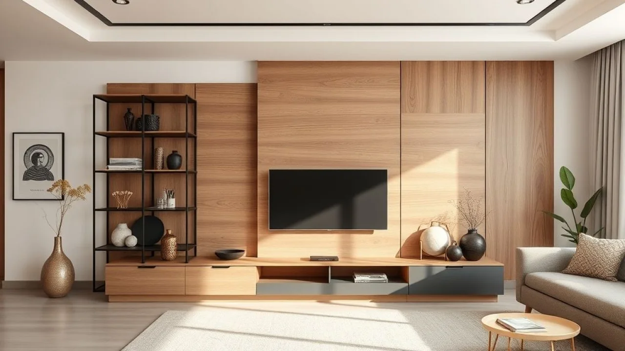 Sala moderna com rack e painel de madeira, estilo minimalista, decoração clean.