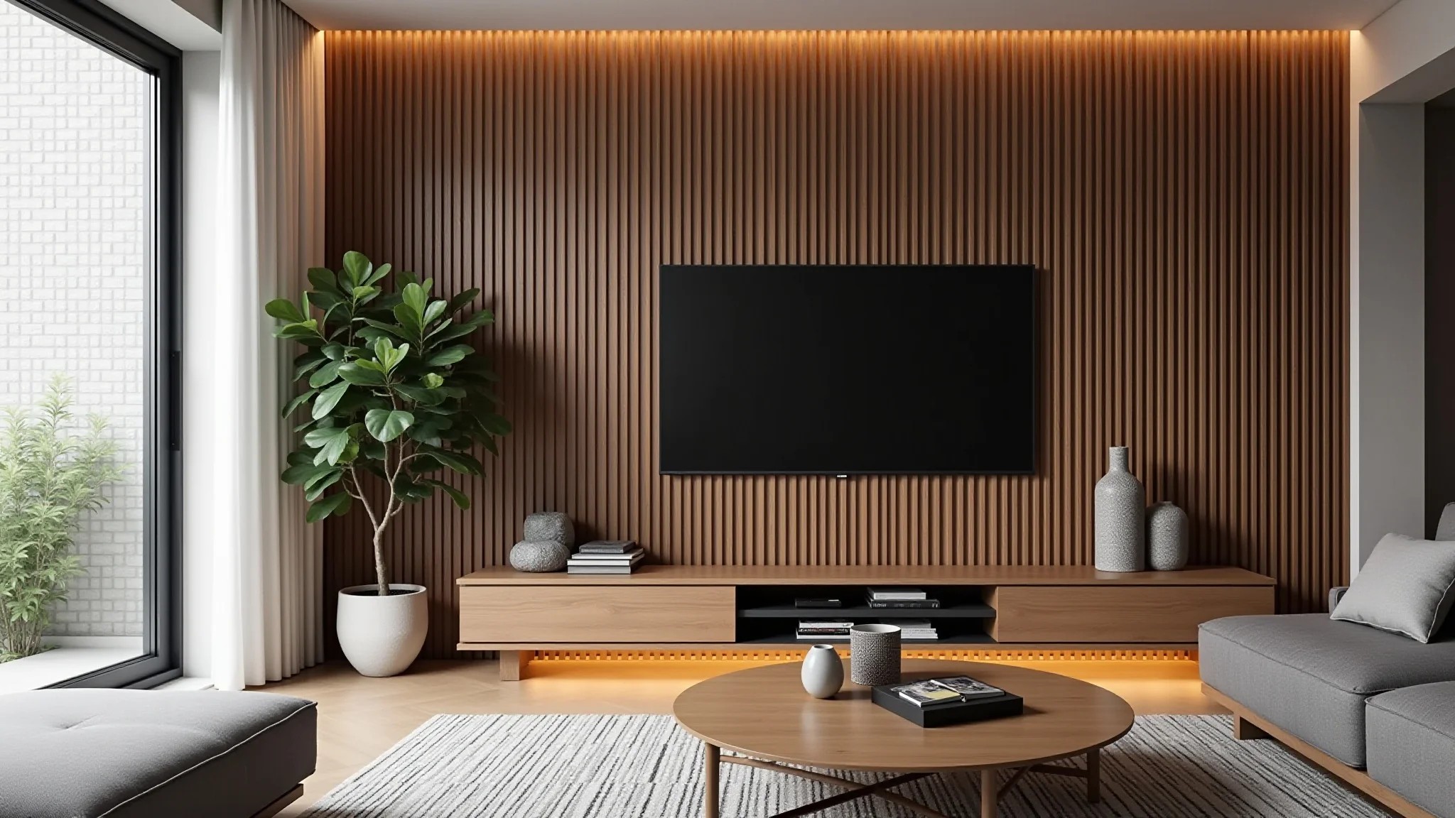 Sala moderna com painel ripado de madeira, textura e calor no ambiente.