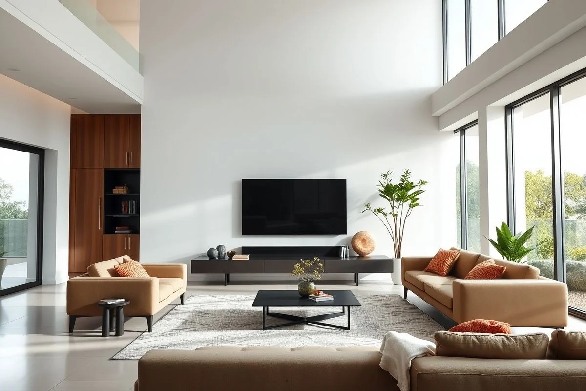 Sala moderna com rack suspenso, TV e design minimalista brasileiro.