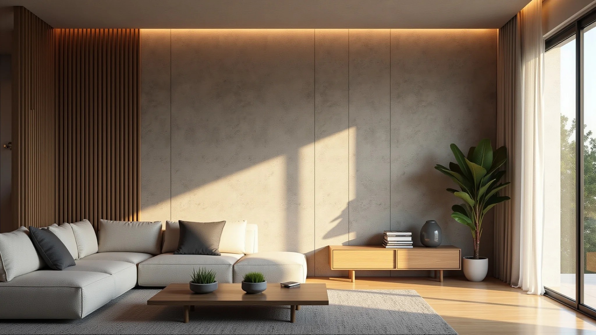 Sala moderna com parede de cimento queimado, decoração minimalista e luz dourada.