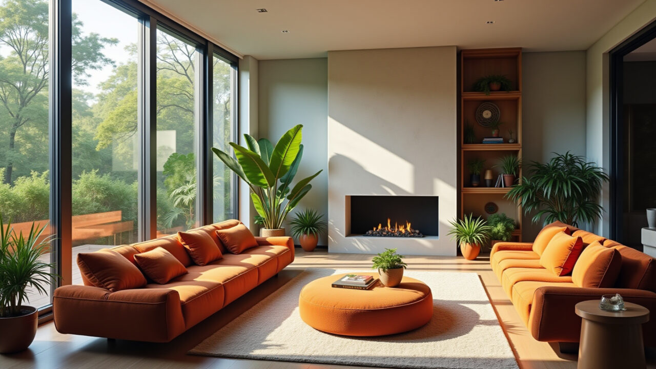 Sala de estar moderna com janelas de alumínio e design brasileiro.