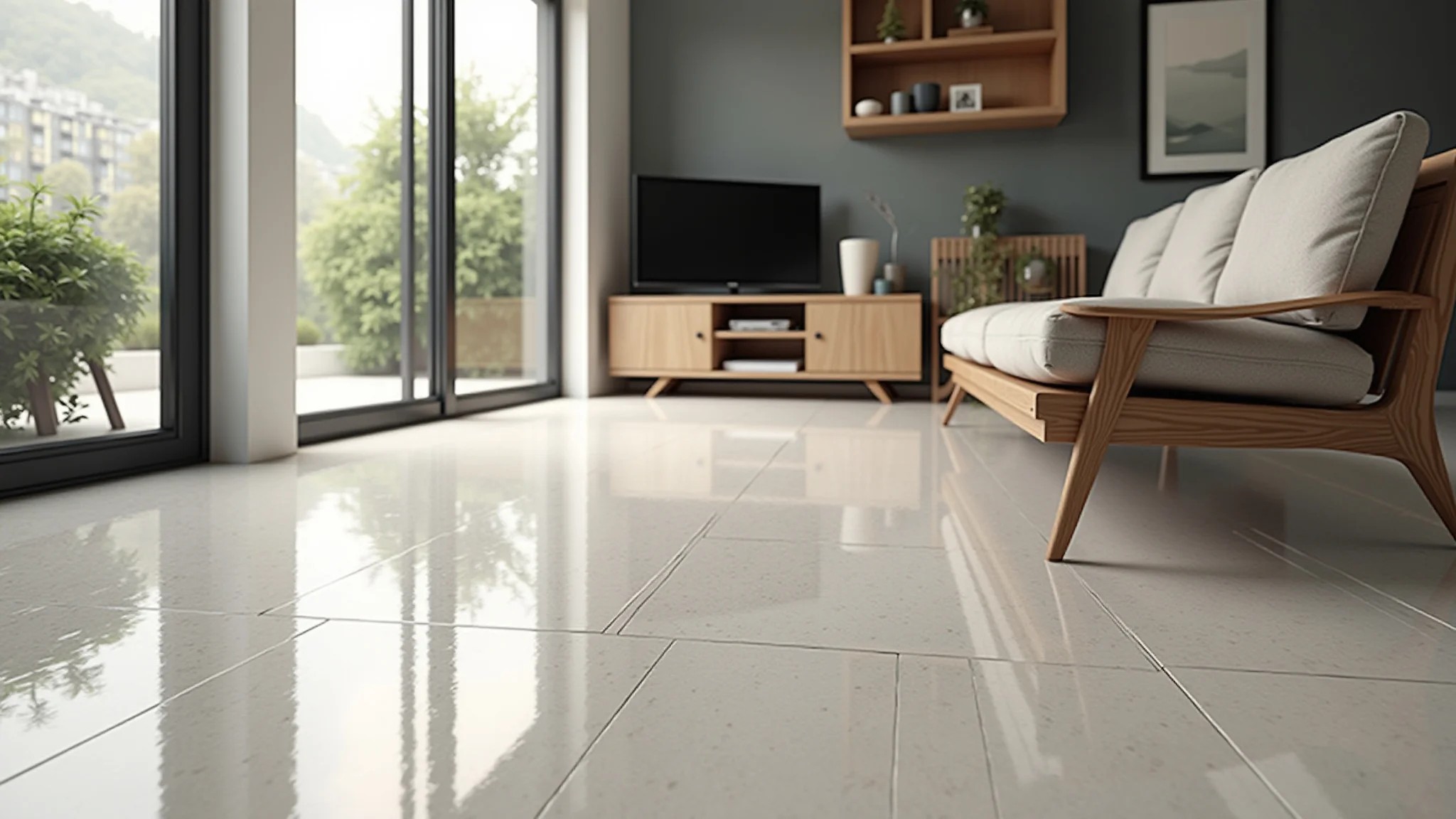 Sala moderna com piso de porcelanato, iluminação clara, decoração minimalista brasileira.