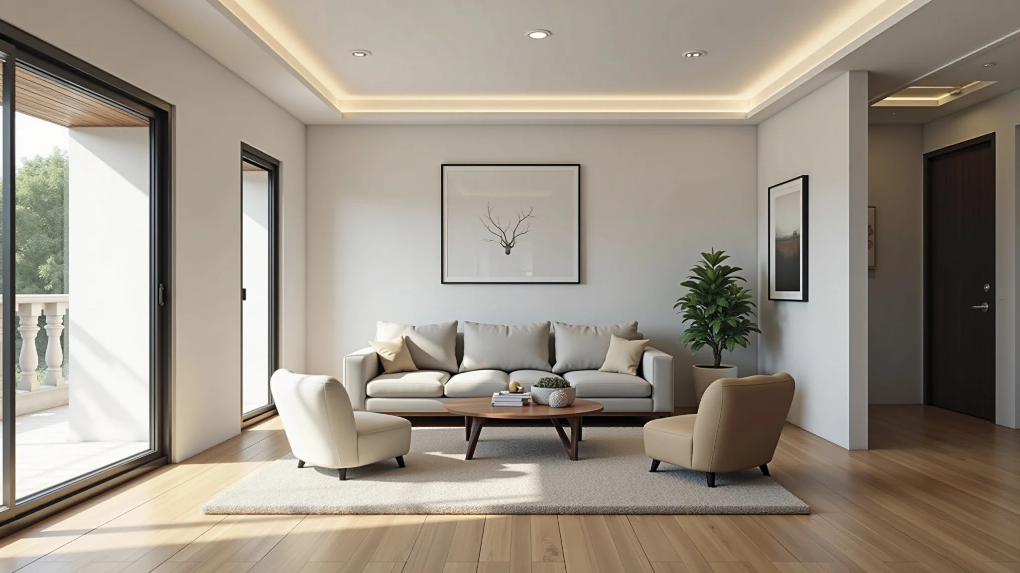 Sala moderna com piso de garapeira, iluminação natural e design minimalista brasileiro.