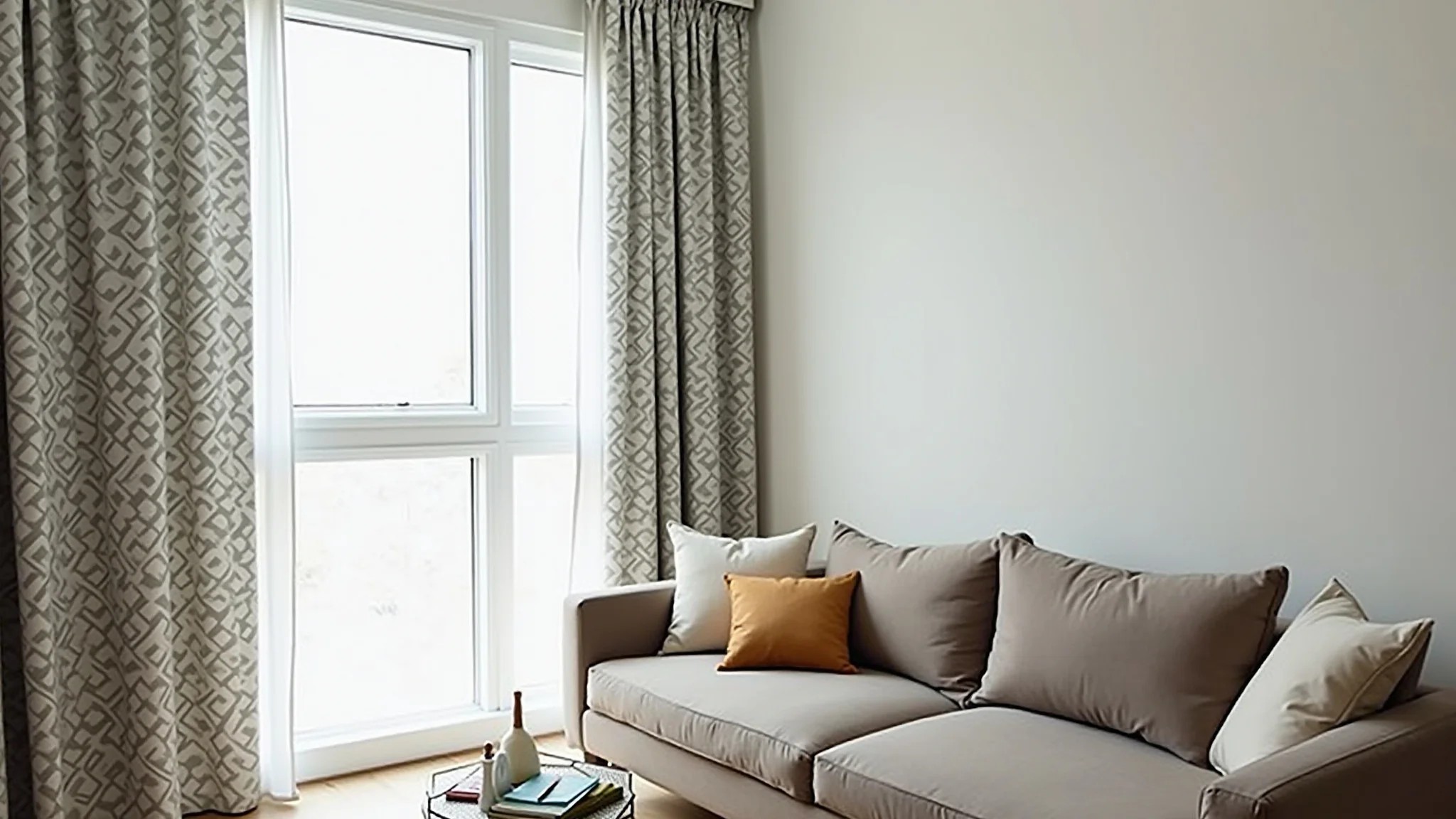 Sala moderna com cortinas estampadas geométricas e decoração minimalista.