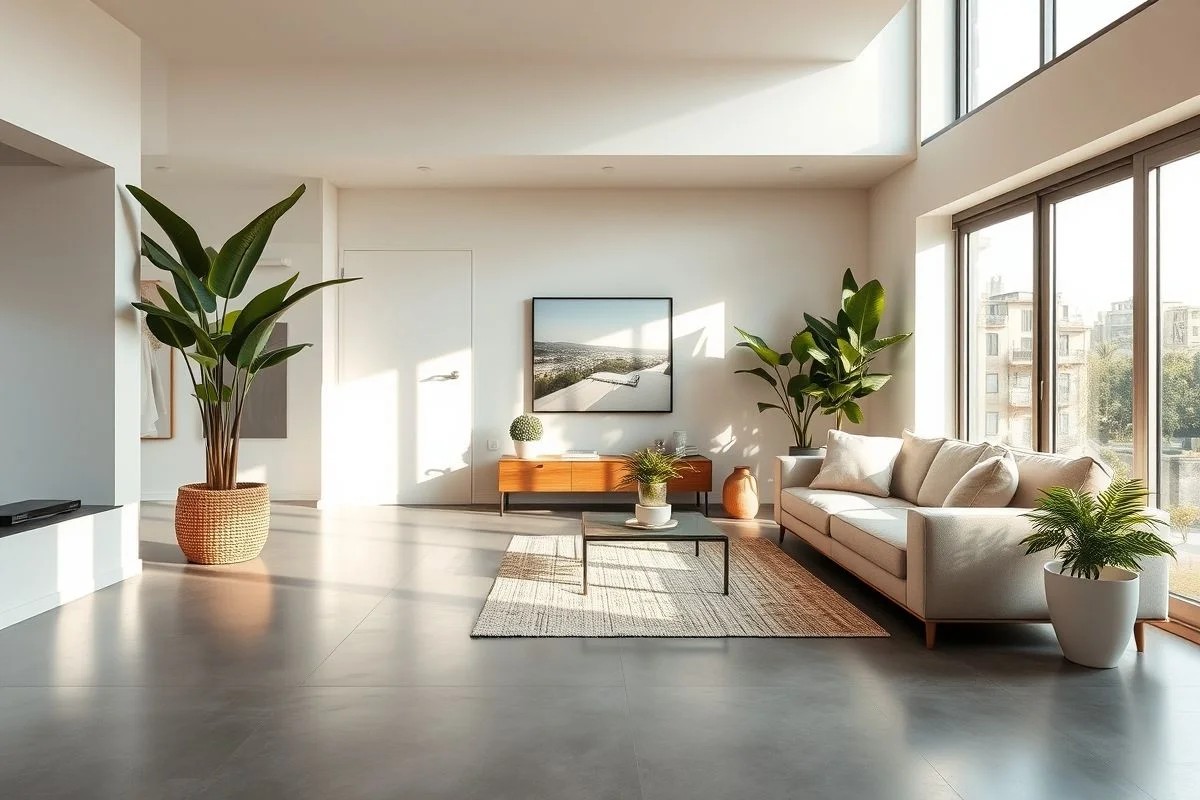 Sala moderna com piso de microcimento, decoração minimalista e iluminação natural.