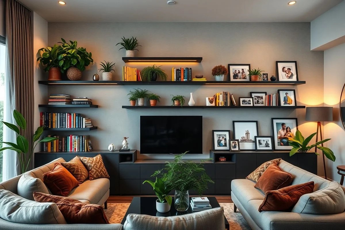 Sala moderna com prateleiras decorativas: livros, plantas e fotos.