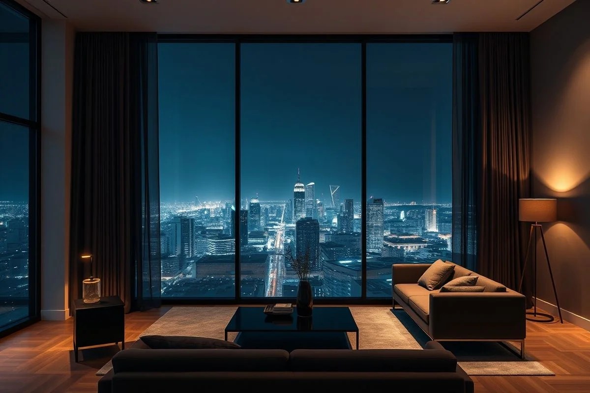 Sala moderna com cortinas blackout cinza escuro e vista noturna de São Paulo.