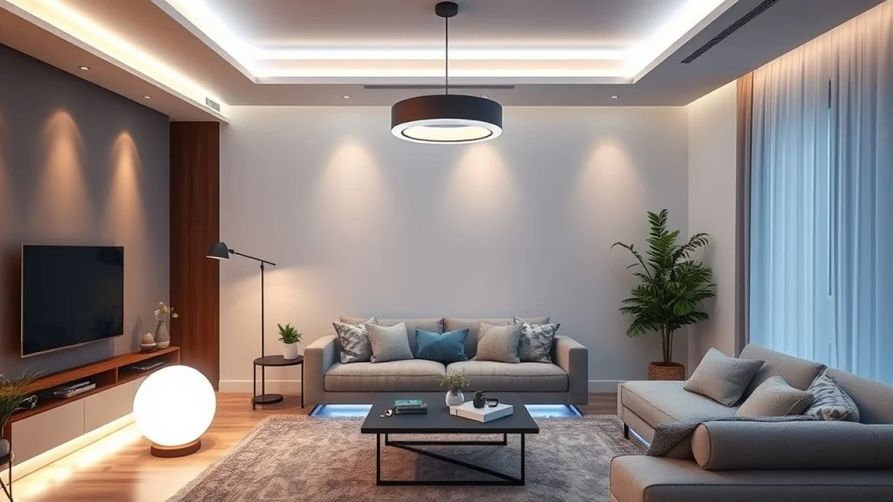 Sala moderna com iluminação diversificada: spots, luminária e LED. Integração com Philips Hue no Brasil.