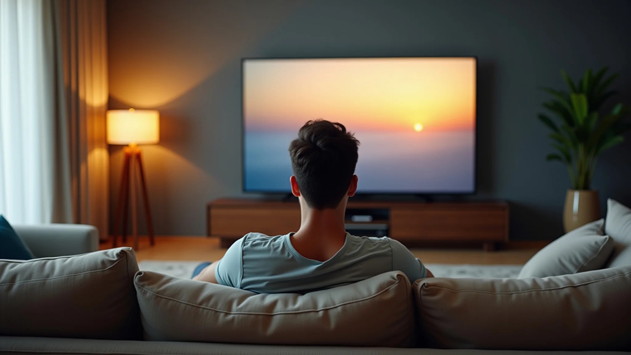 Homem assistindo TV 4K de 65 polegadas em sala de estar moderna e aconchegante.