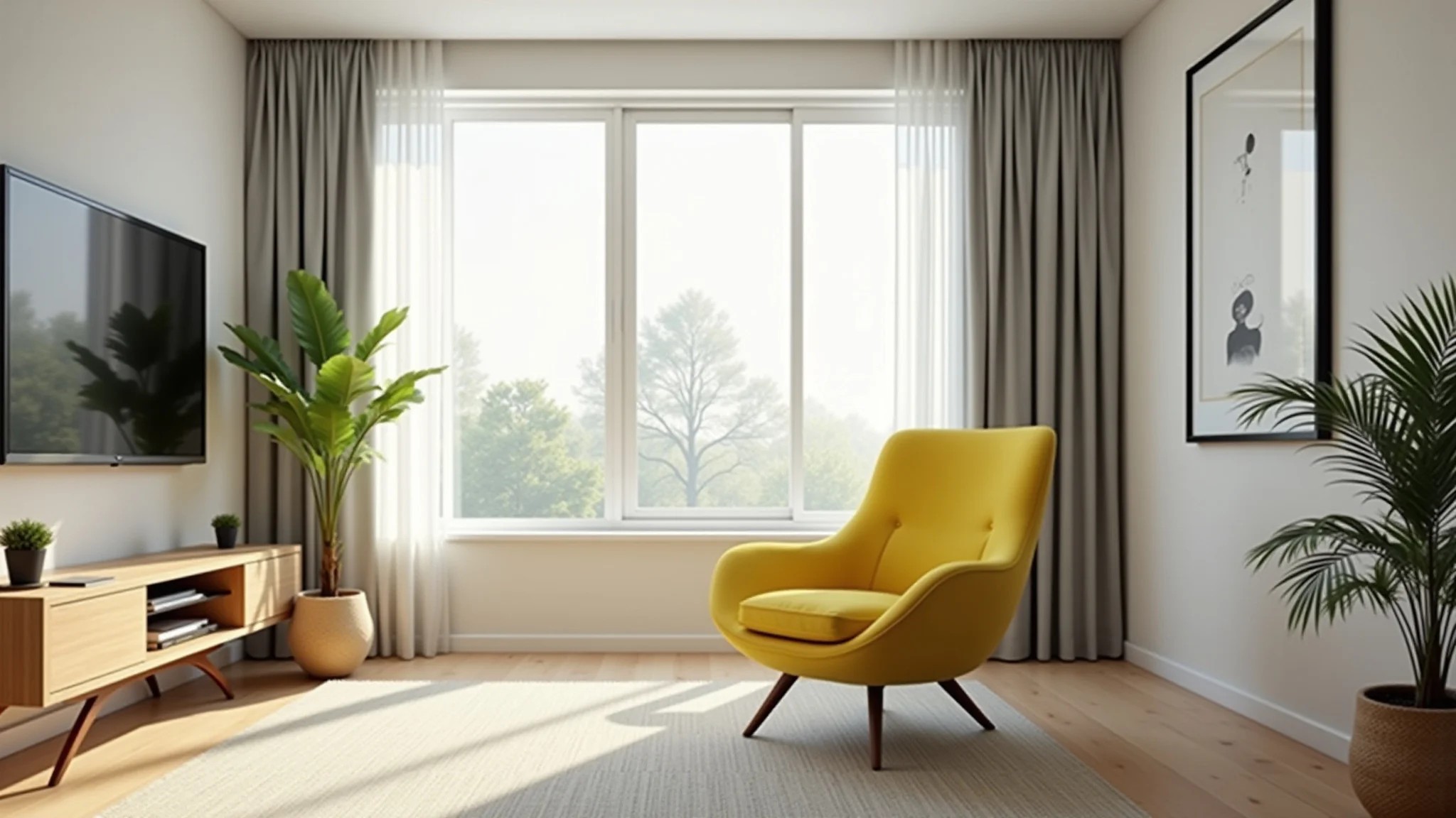 Sala moderna com poltrona amarela vibrante e design minimalista.