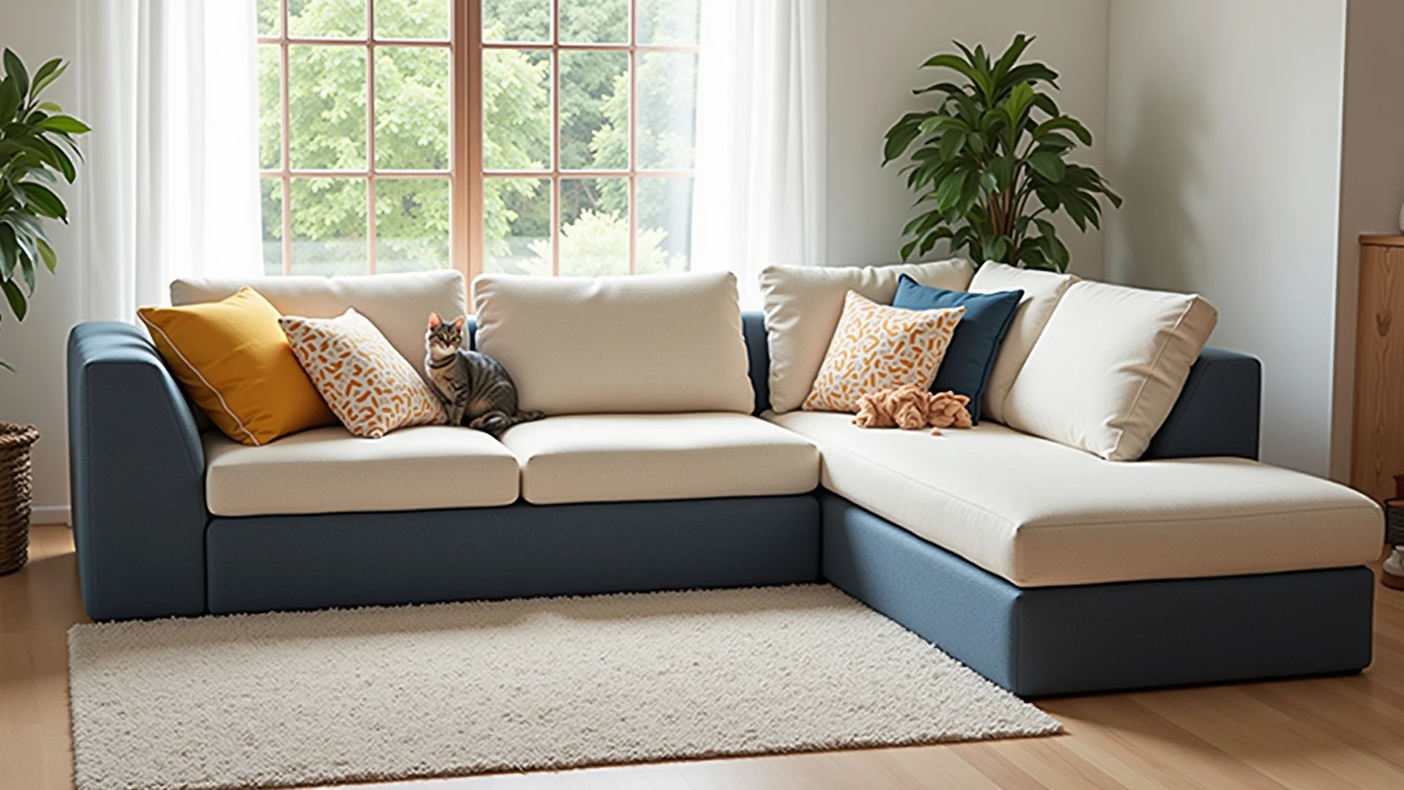 Sala moderna com sofá modular e capas removíveis e um gato relaxando.