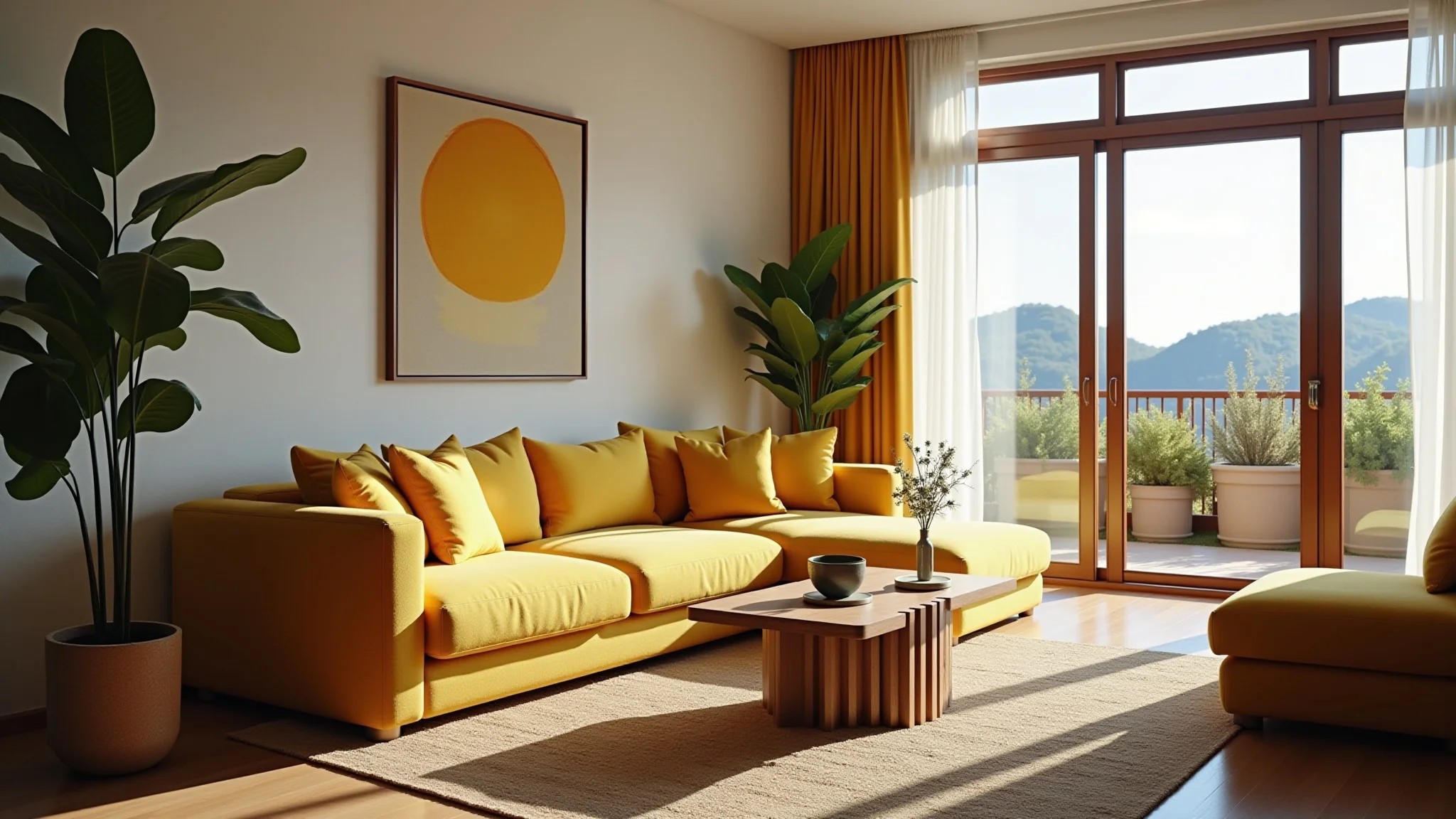 Sala moderna com detalhes em amarelo mostarda e sofá confortável.