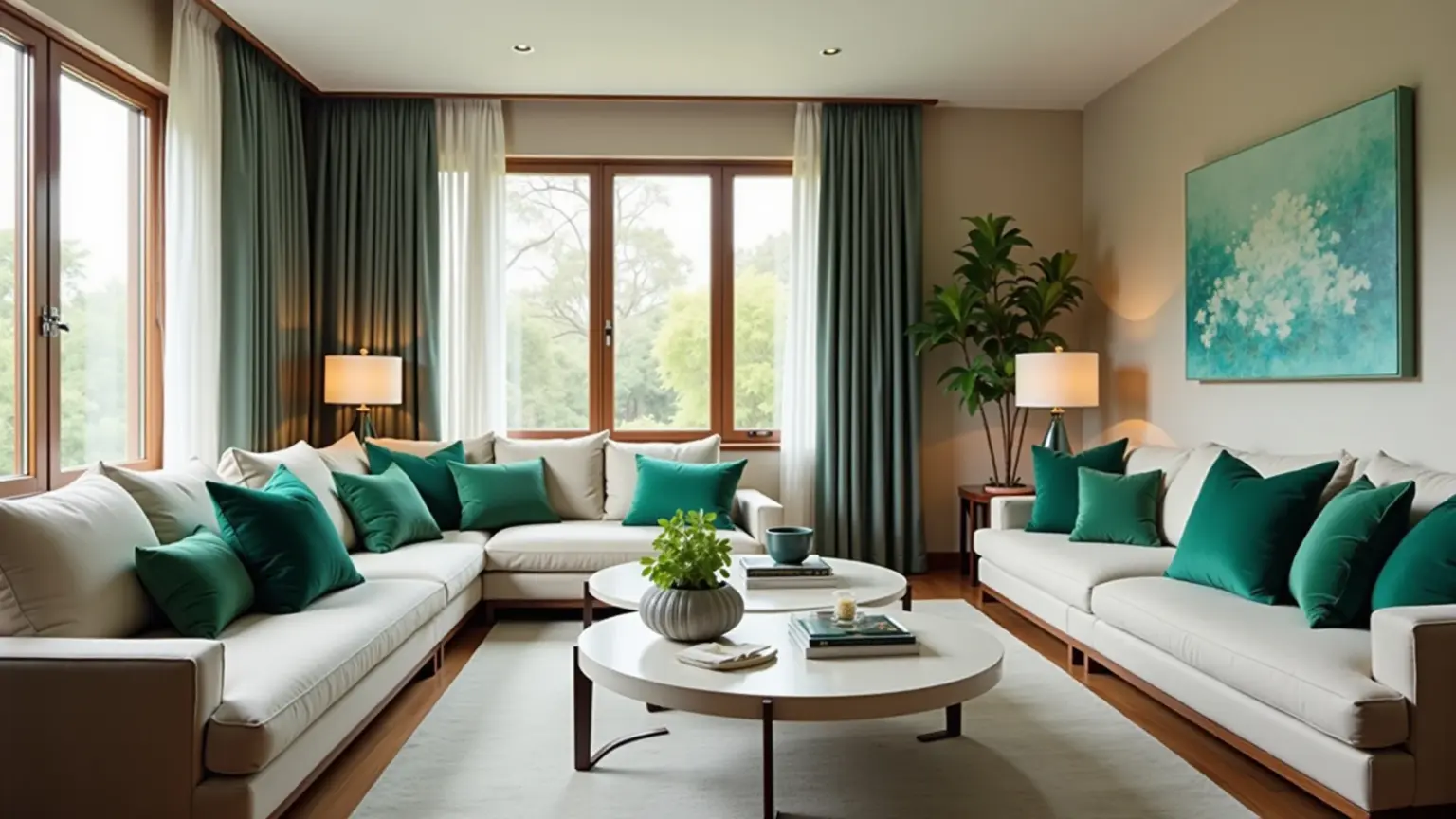 Sala de Estar Moderna: O Truque de Cores Que Designers Escondem (e Como Usá-lo Já!) Sala moderna com cores neutras e almofadas verde esmeralda, arte brasileira.