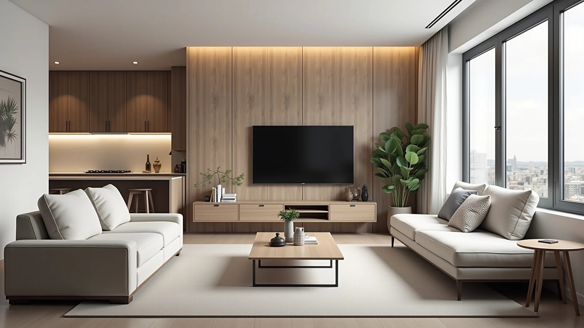 Sala moderna com cores neutras, móveis funcionais e design minimalista.