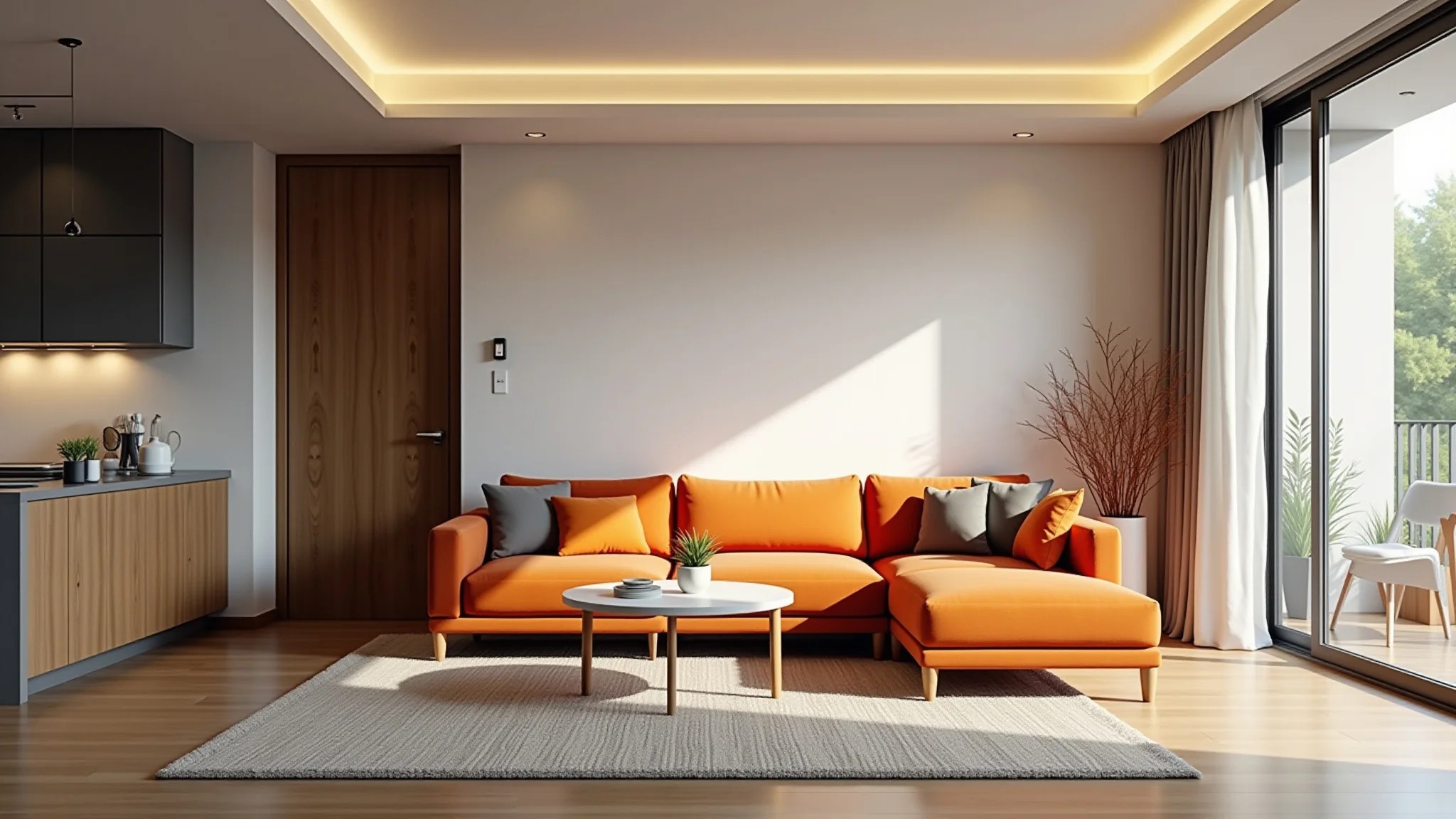 Sala moderna com sofá laranja, design minimalista e estilo brasileiro.