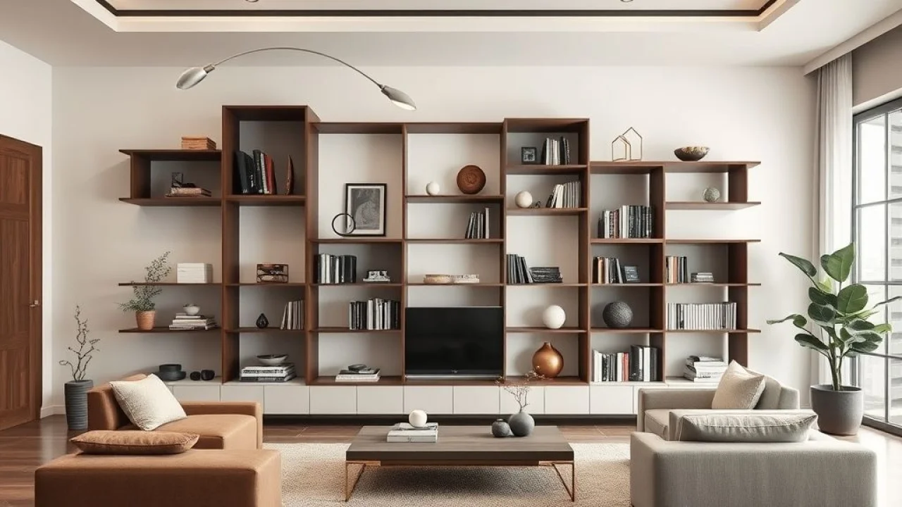 Estante assimétrica moderna com objetos decorativos e livros.
