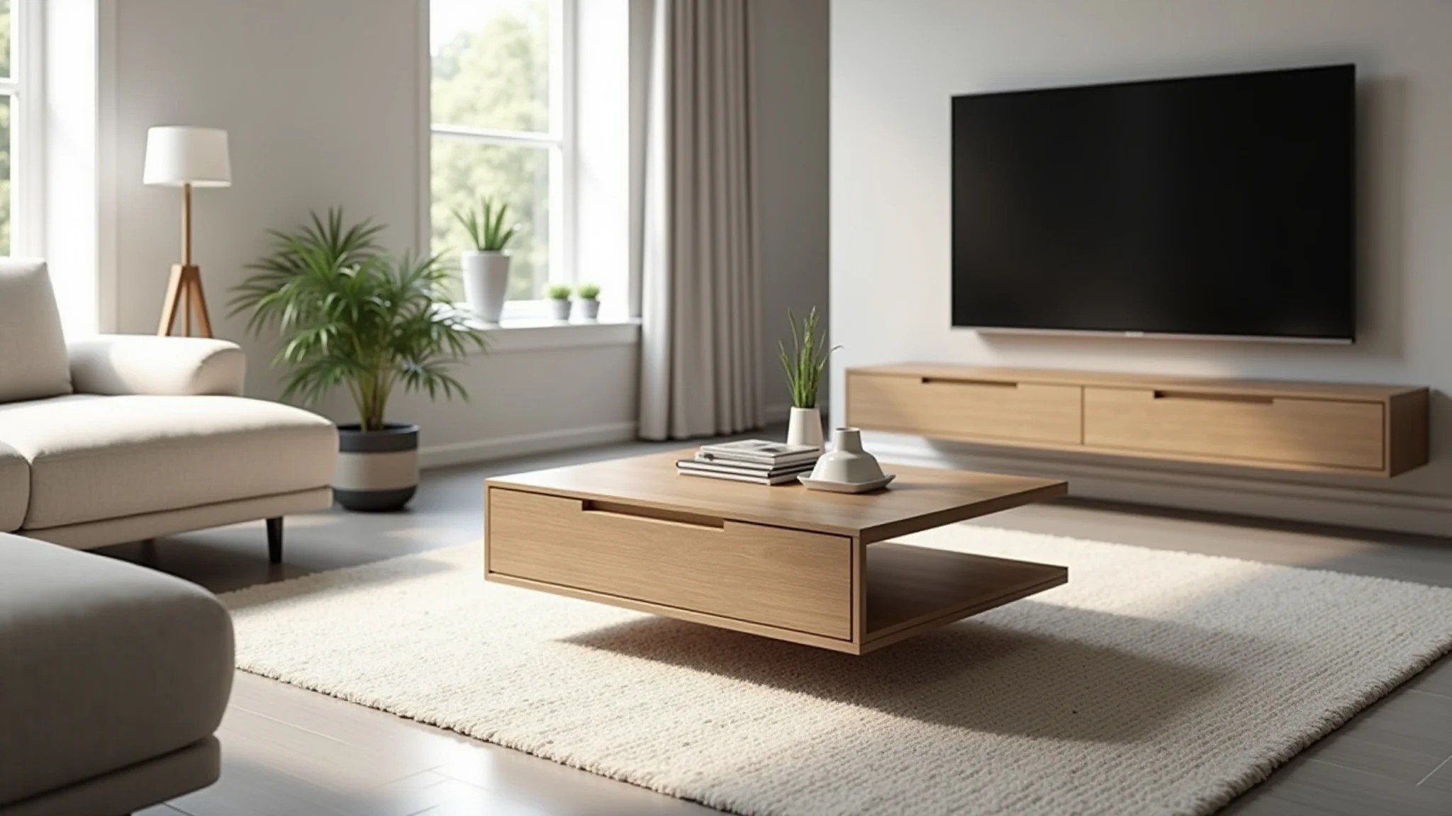 Mesa de centro suspensa de madeira clara em sala moderna e minimalista.