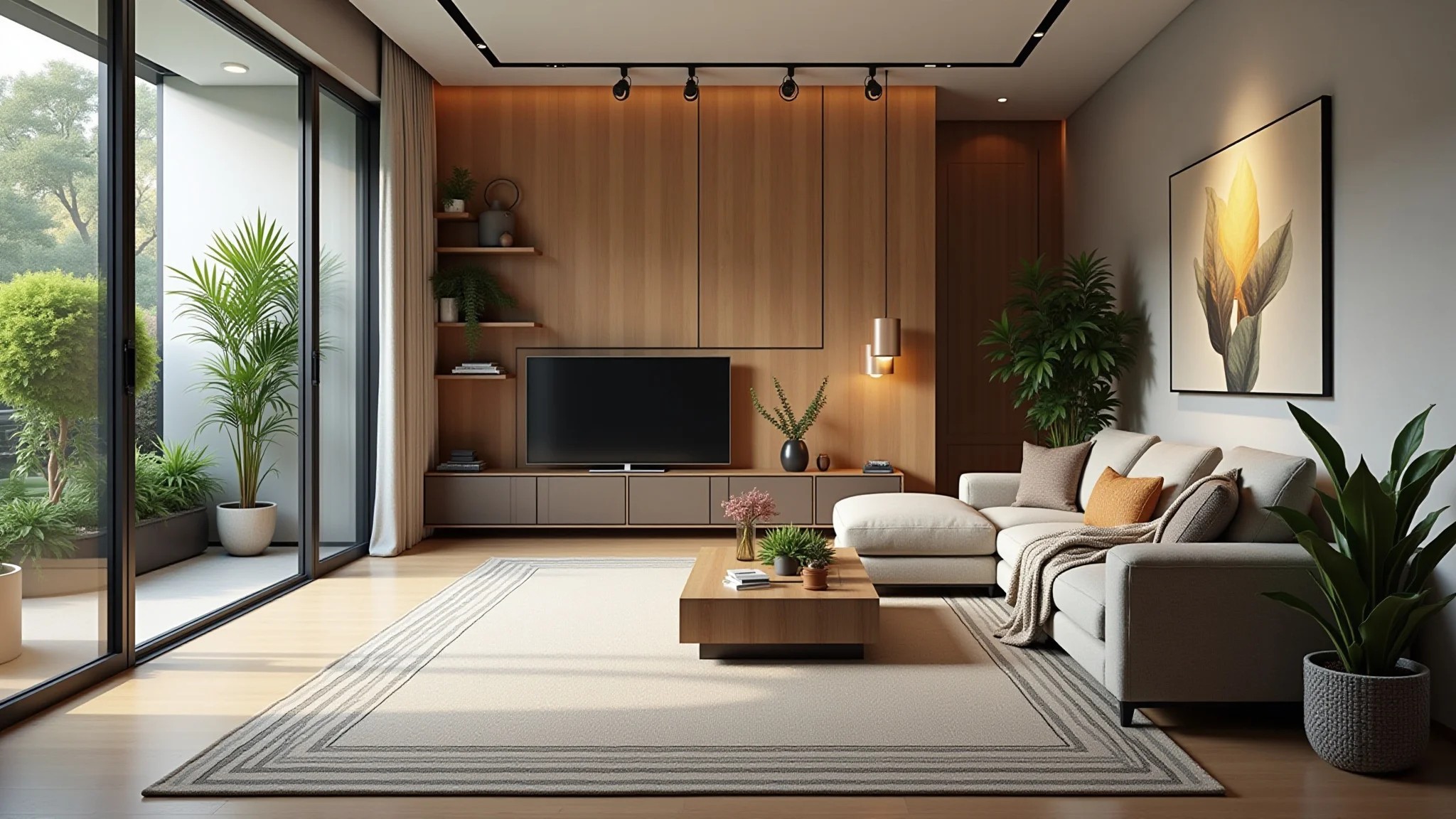 Sala moderna com trilhos, destacando detalhes arquitetônicos e plantas vibrantes.