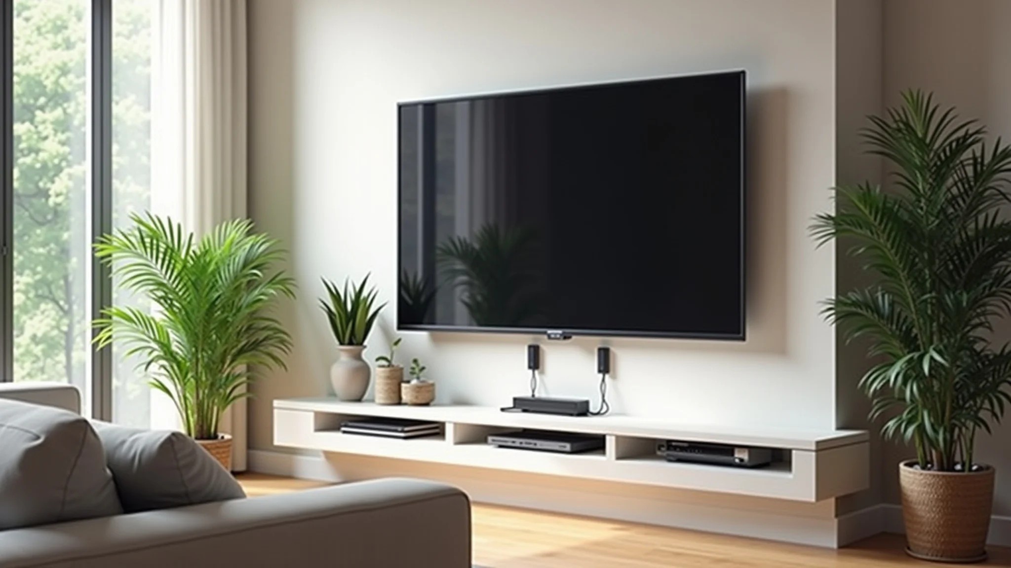 Sala moderna com TV na parede e cabos escondidos, design clean, plantas.