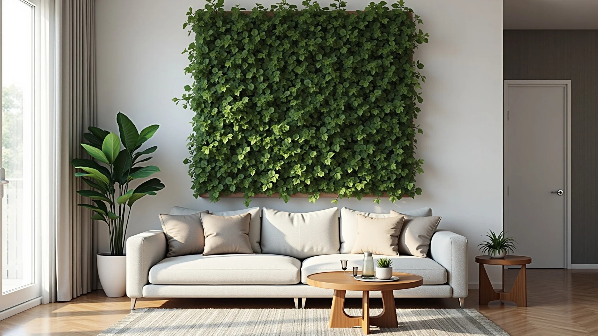 Sala moderna com jardim vertical de dracena.