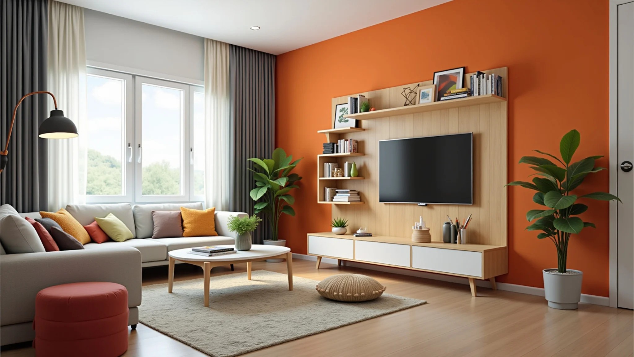Sala de estar moderna com cores vibrantes e design minimalista.
