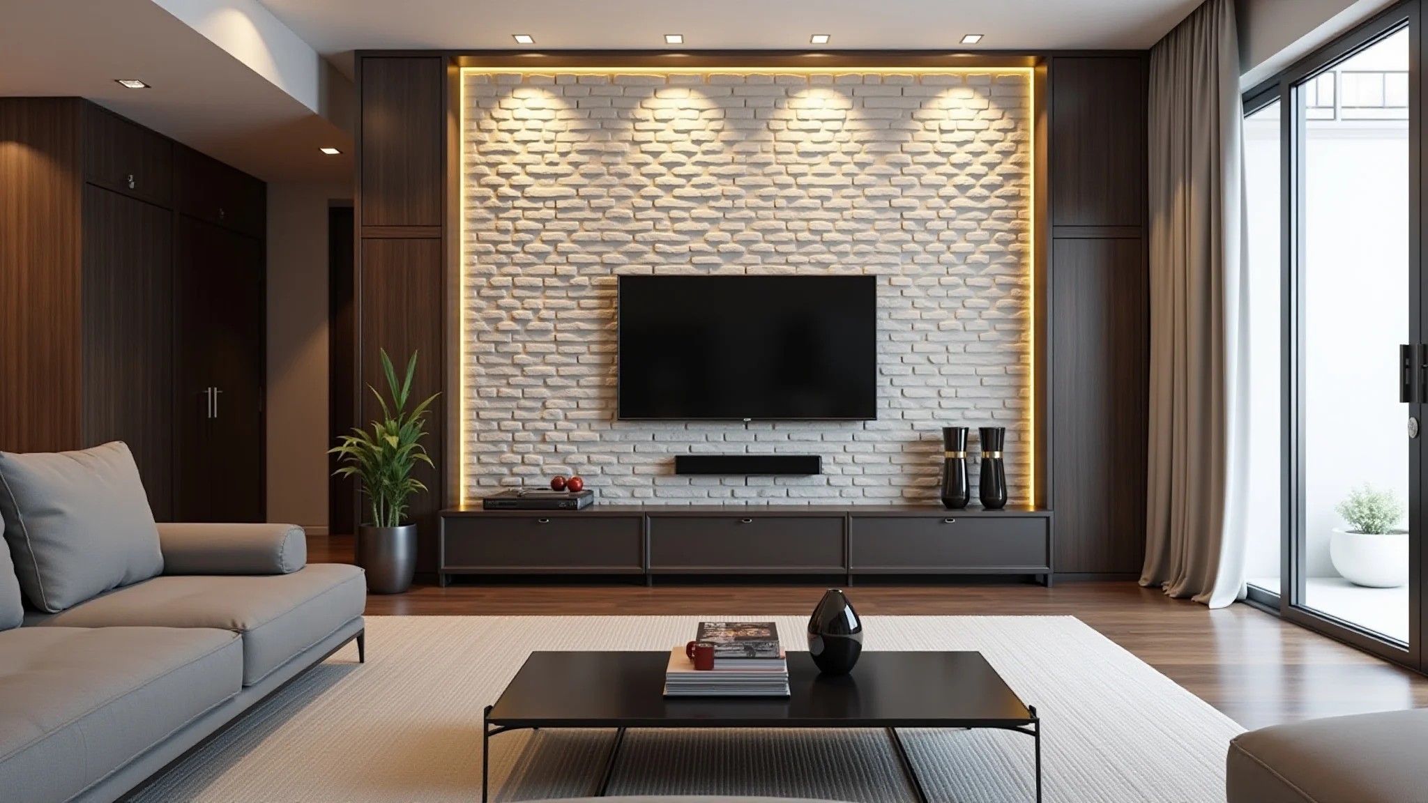 Sala moderna com painel de tijolinho 3D e iluminação direcionada.