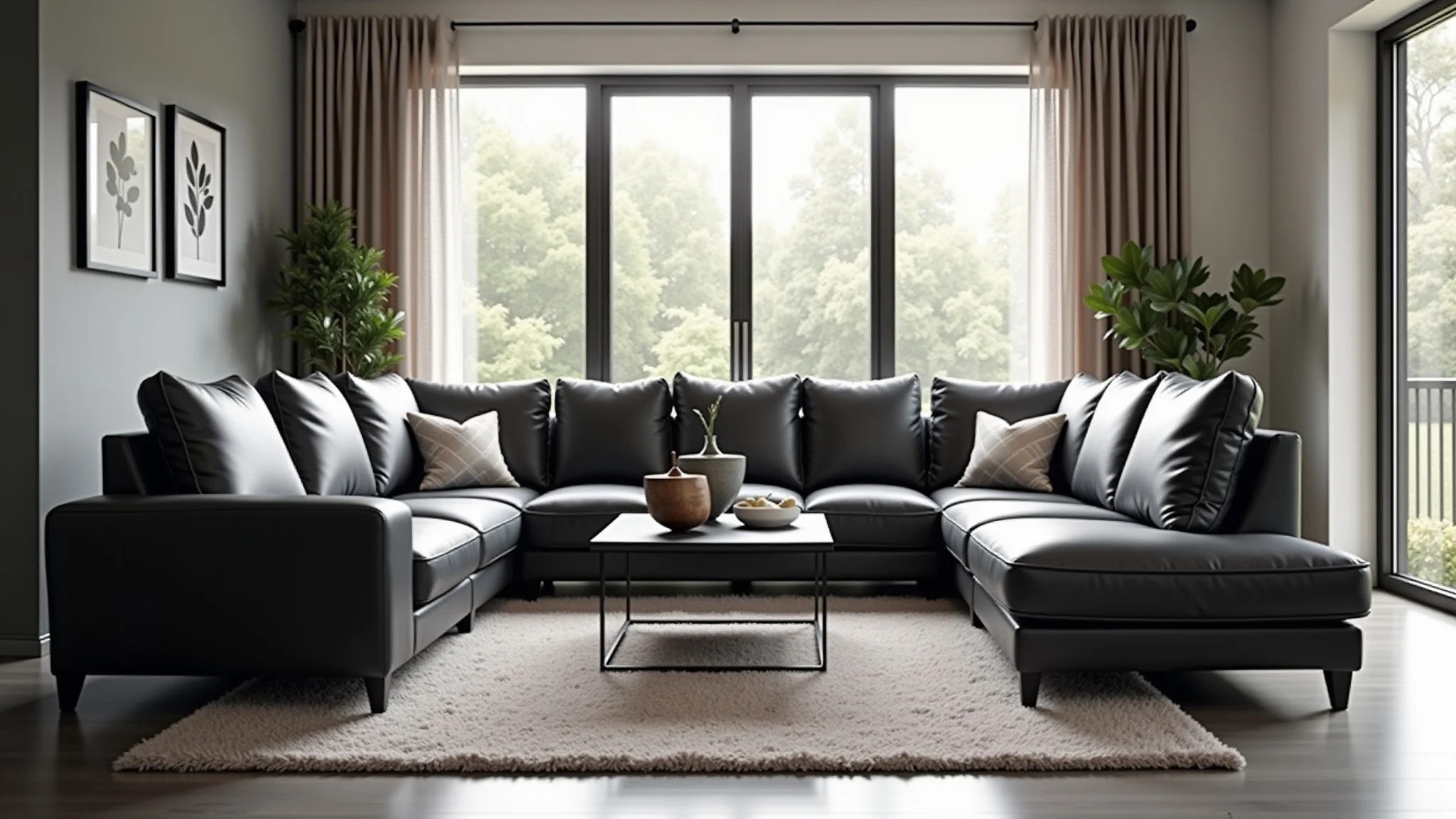 Sala moderna com sofá de couro preto, decoração minimalista e janela grande.