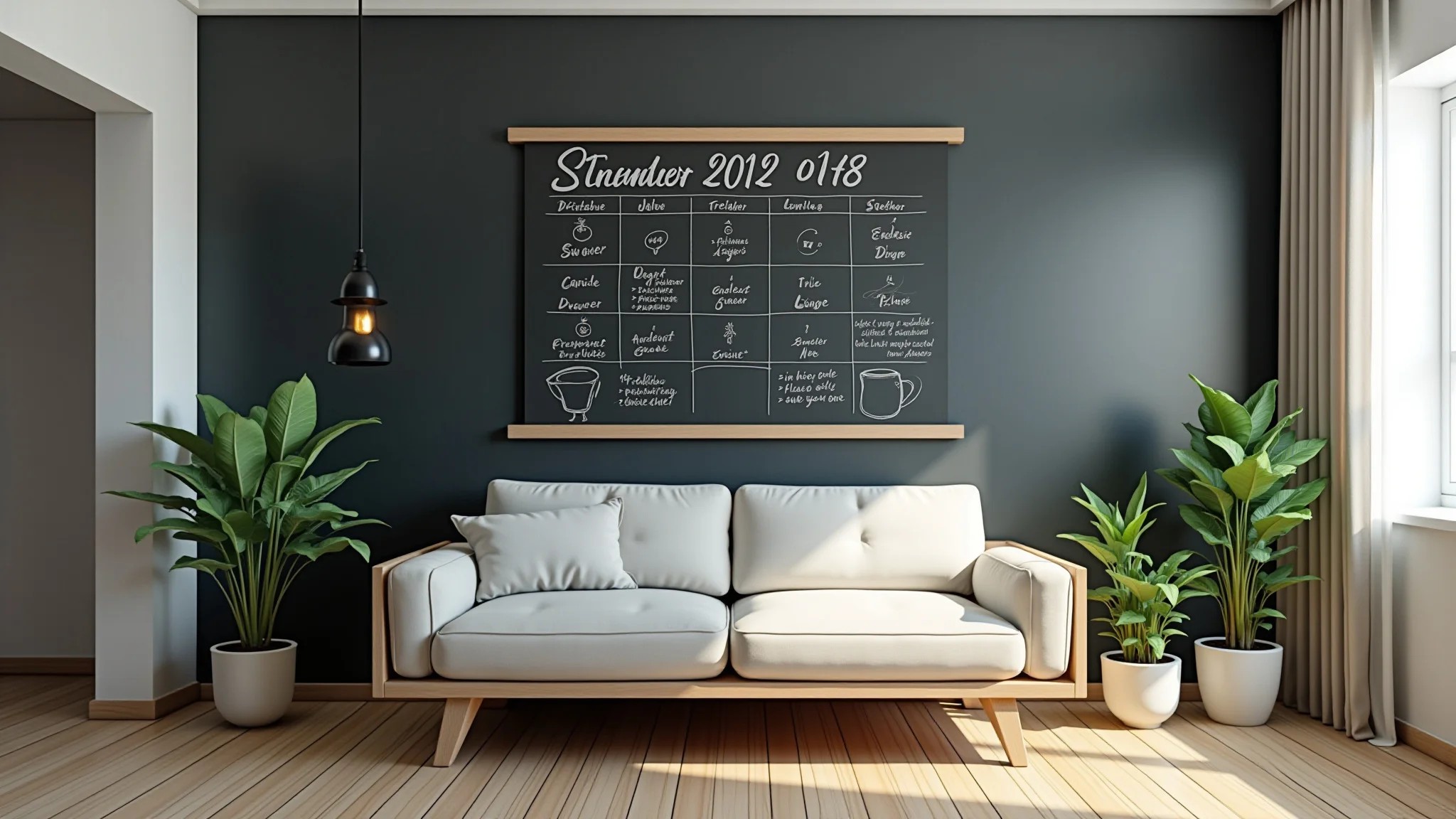 Sala moderna com parede lousa e calendário desenhado à mão.