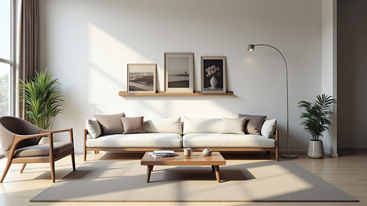 Sala de estar moderna com prateleira flutuante exibindo arte minimalista.