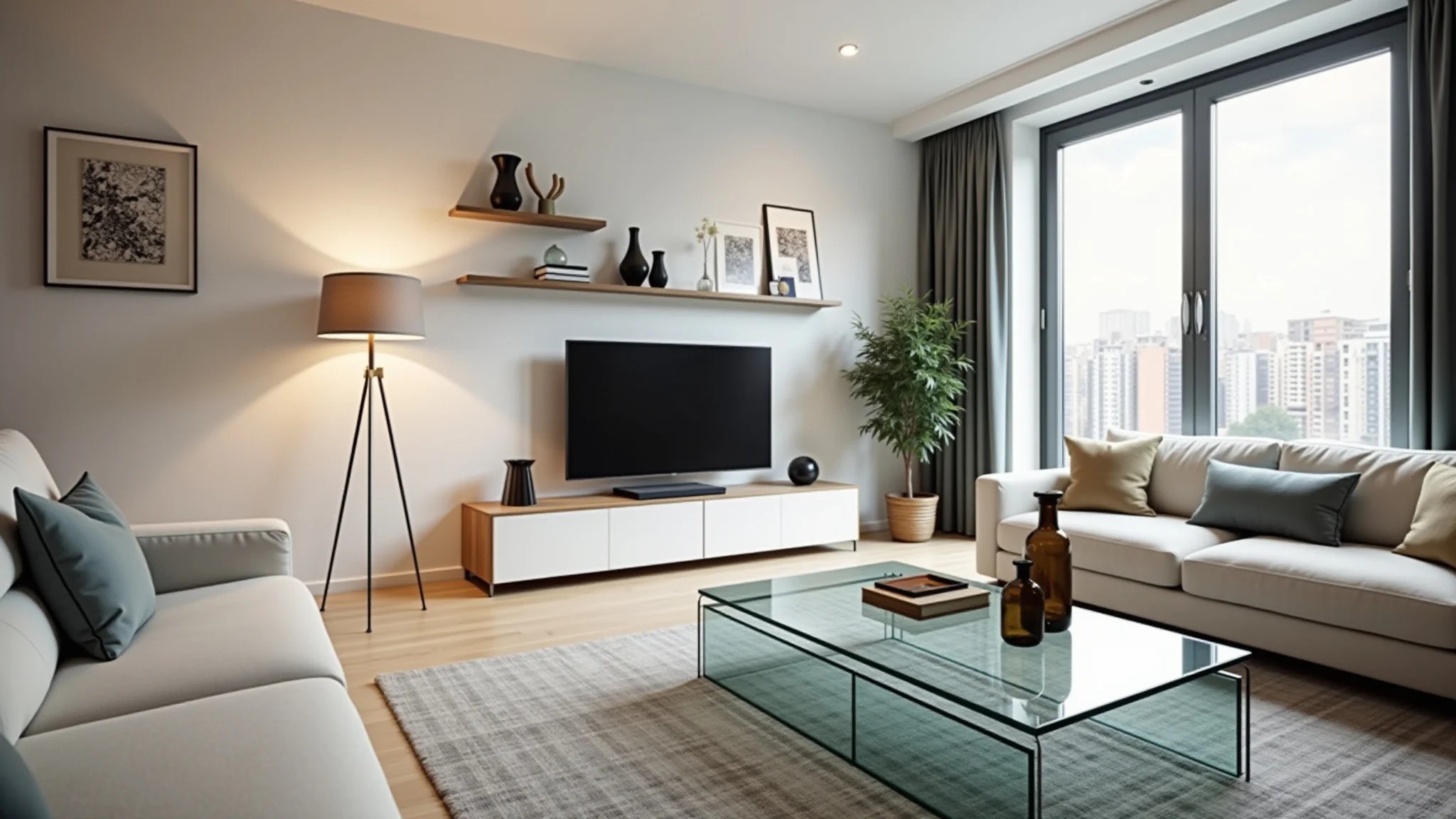 Sala moderna com mesa de centro de vidro e objetos decorativos.