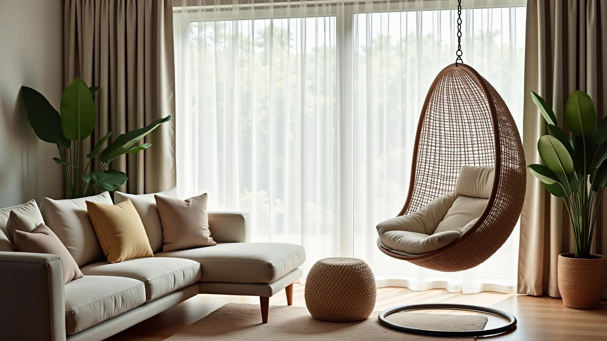 Sala de estar moderna com cadeira suspensa, almofadas confortáveis e estilo brasileiro.