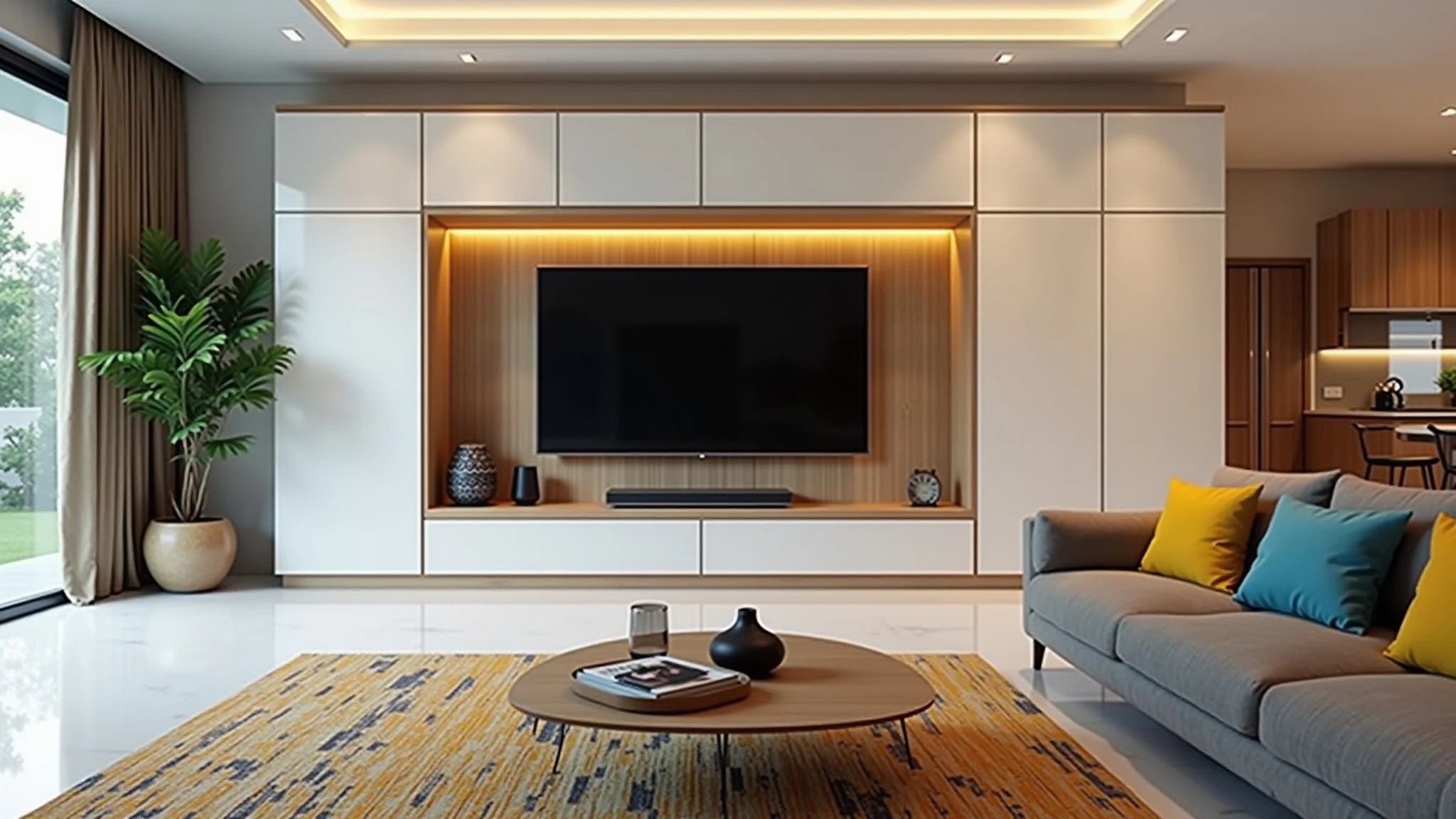 Sala de estar moderna com painel de TV grande, tapete geométrico e almofadas coloridas.