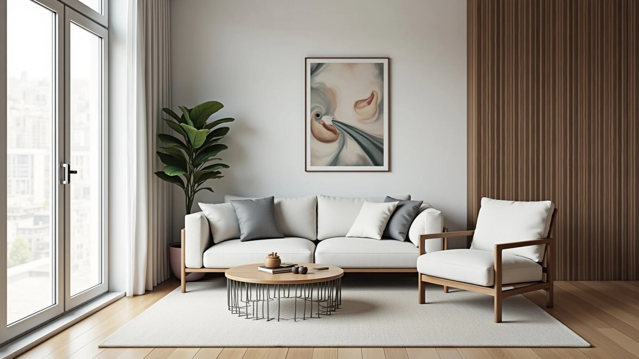 Sala de estar moderna com poltrona minimalista, iluminação clara e arte brasileira.