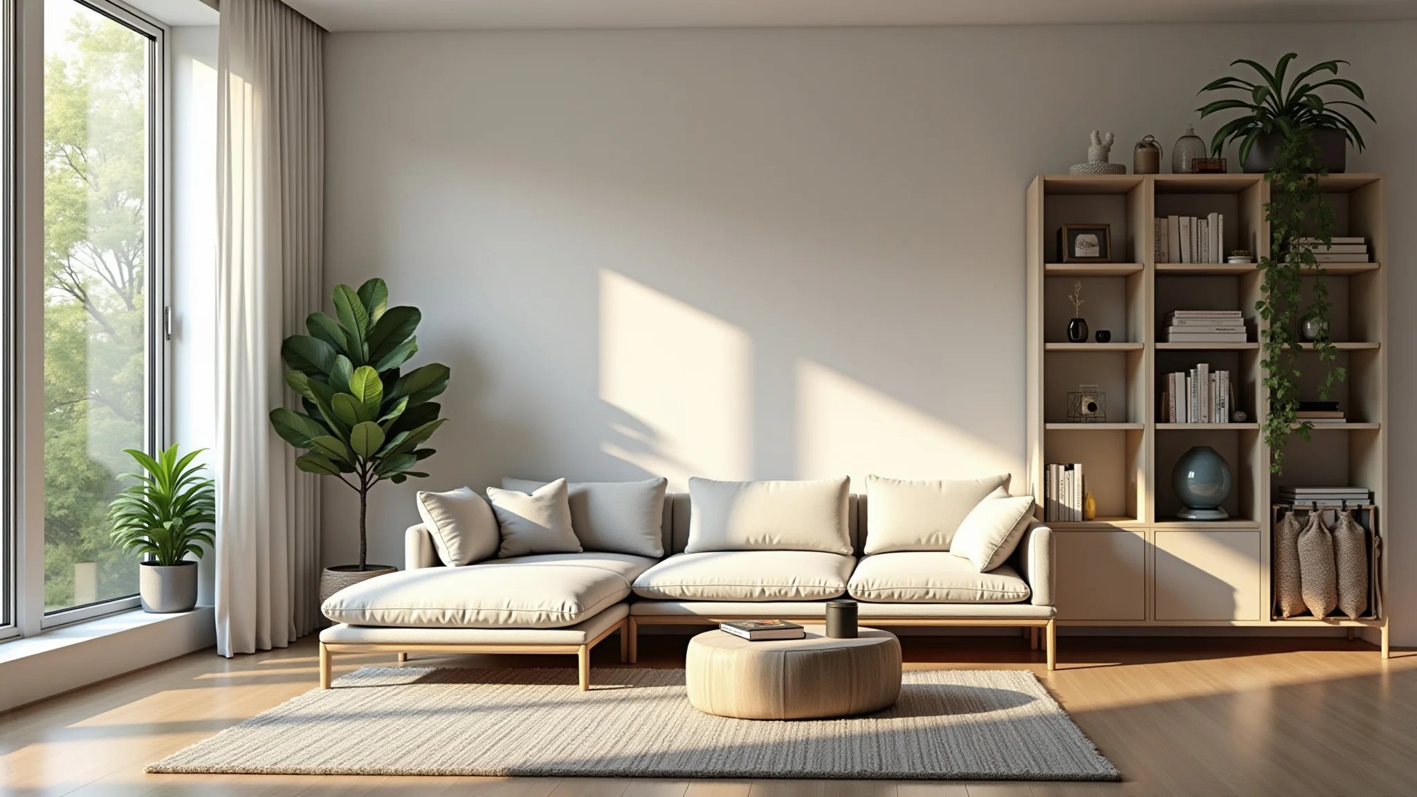 Sala moderna com estante branca minimalista, decoração vibrante e plantas.
