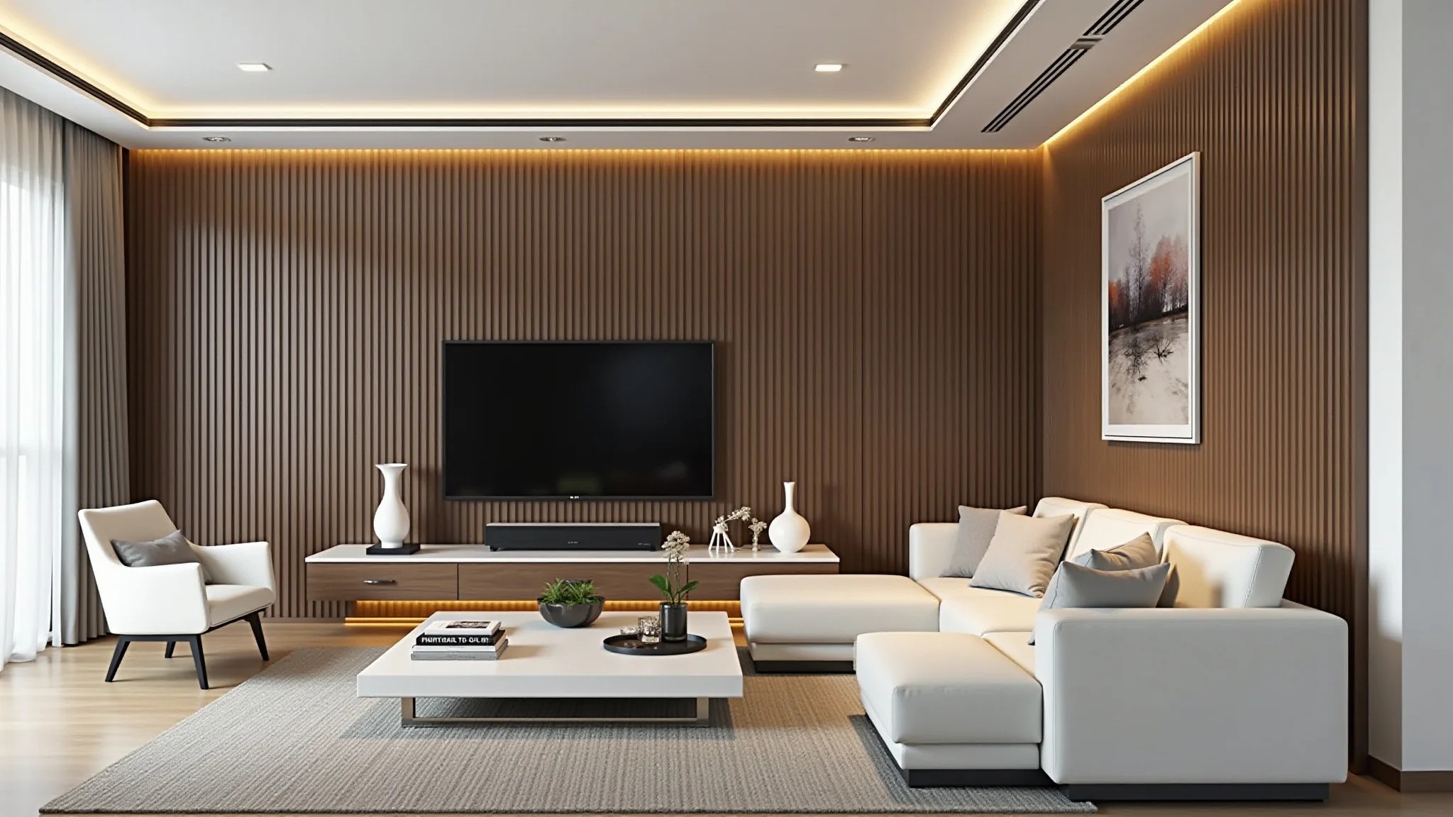 Sala moderna com parede ripada de PVC, cores neutras e design brasileiro.