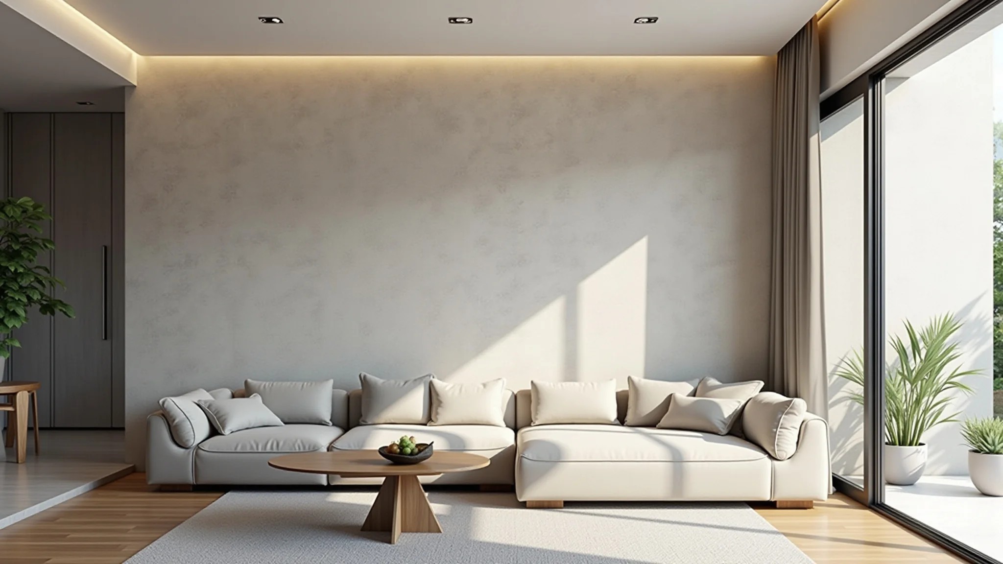 Sala moderna com parede lisa, design minimalista, iluminação brilhante e estilo brasileiro.