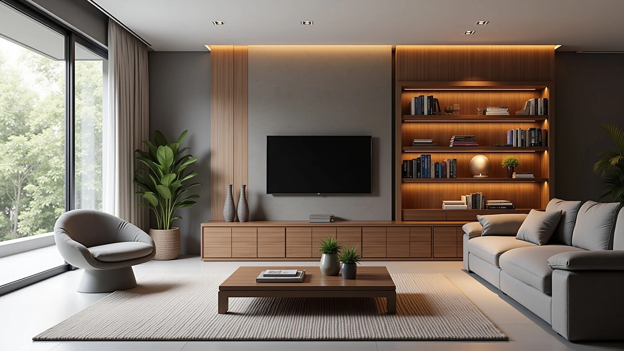Sala de estar moderna com cristaleira elegante e design de interiores brasileiro.
