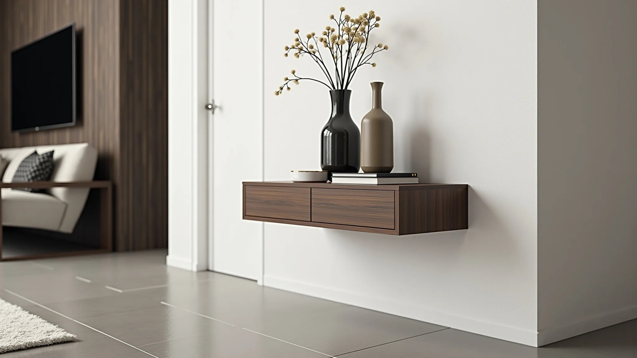 Mesa lateral suspensa fixada na parede em sala de estar moderna e minimalista.