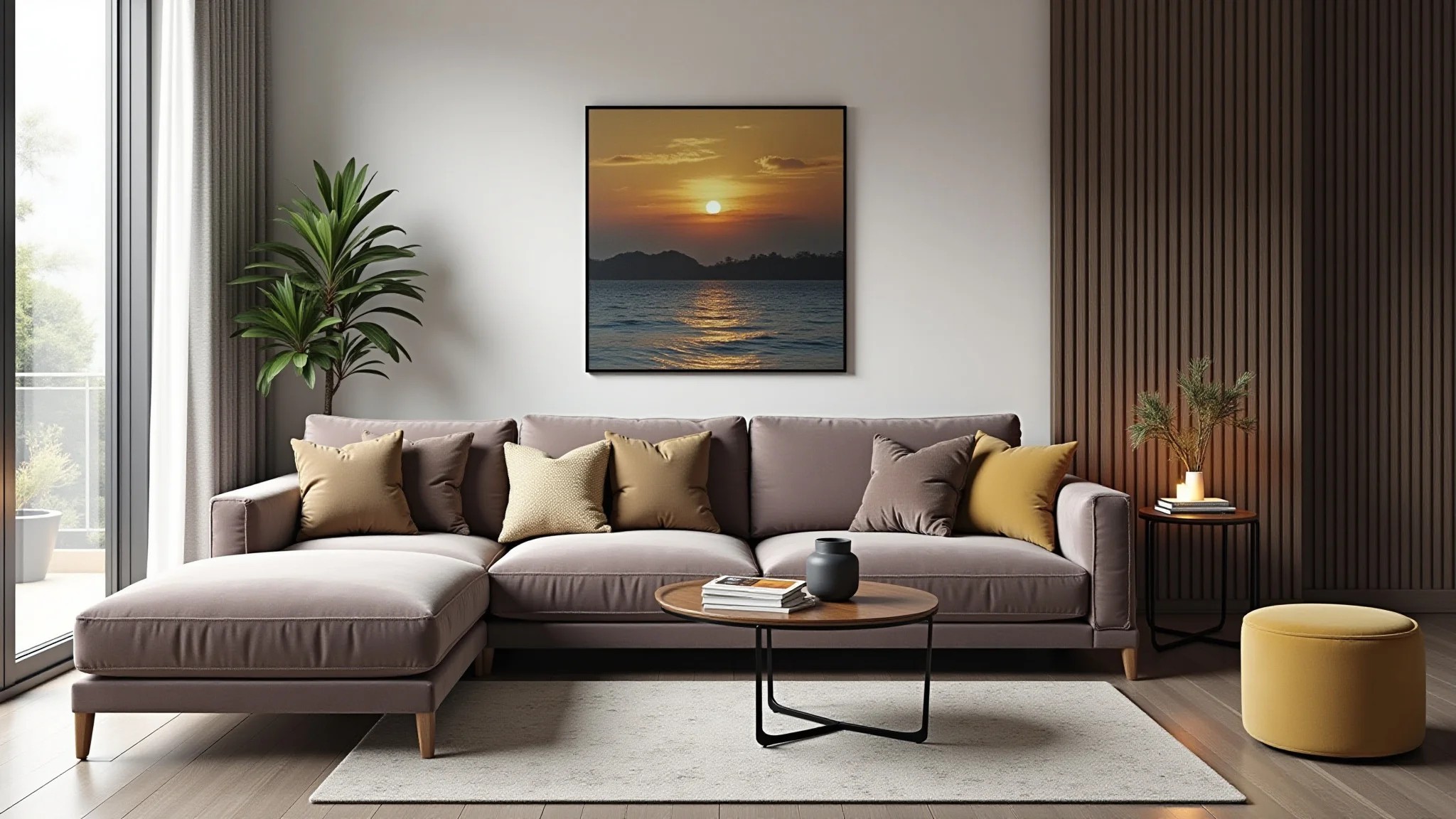 Sala moderna com sofá de veludo, almofadas coloridas, arte brasileira e luz natural.
