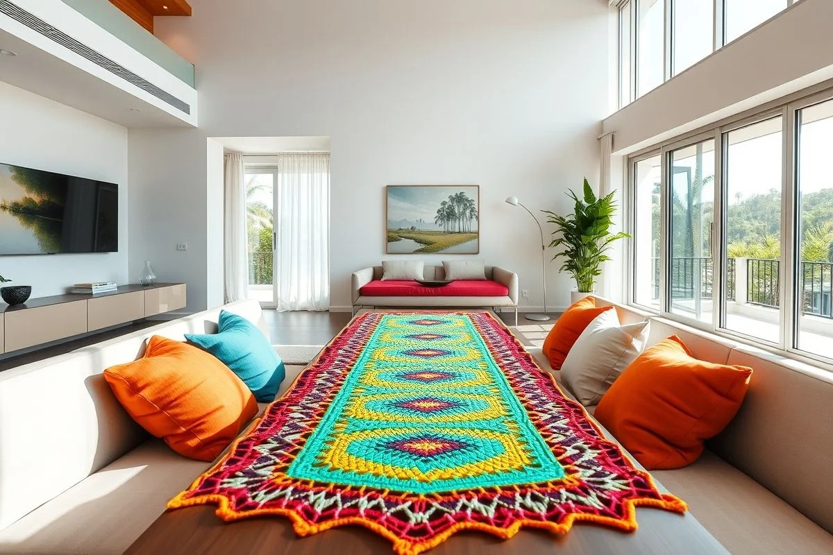 Sala moderna com caminho de mesa de crochê geométrico e colorido.